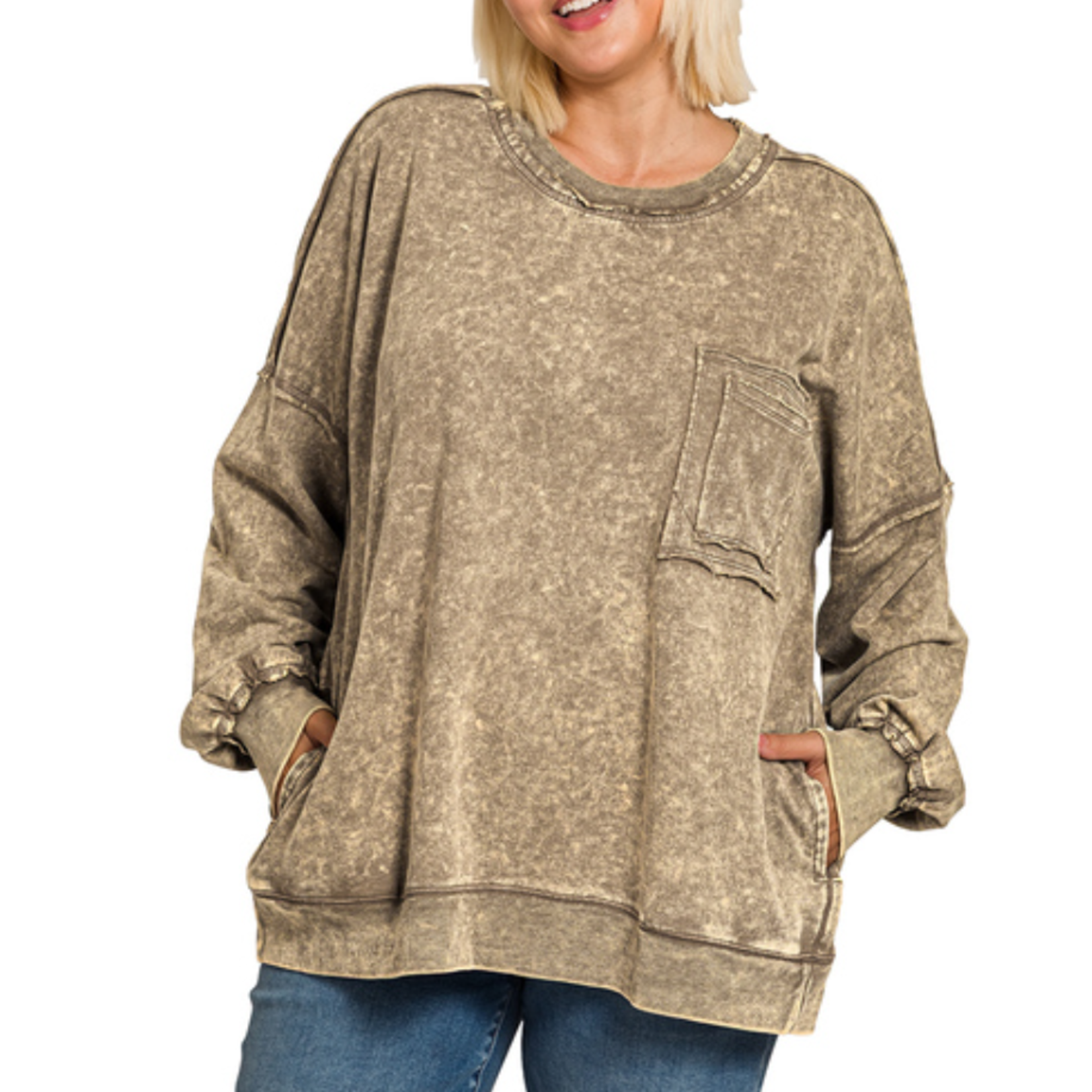 Zenana Zenana Acid Wash Raw Edge Front Pocket Pullover Mocha