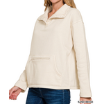 Zenana Zenana Fleece Half Snap Button Front Sweatshirt Sand Beige