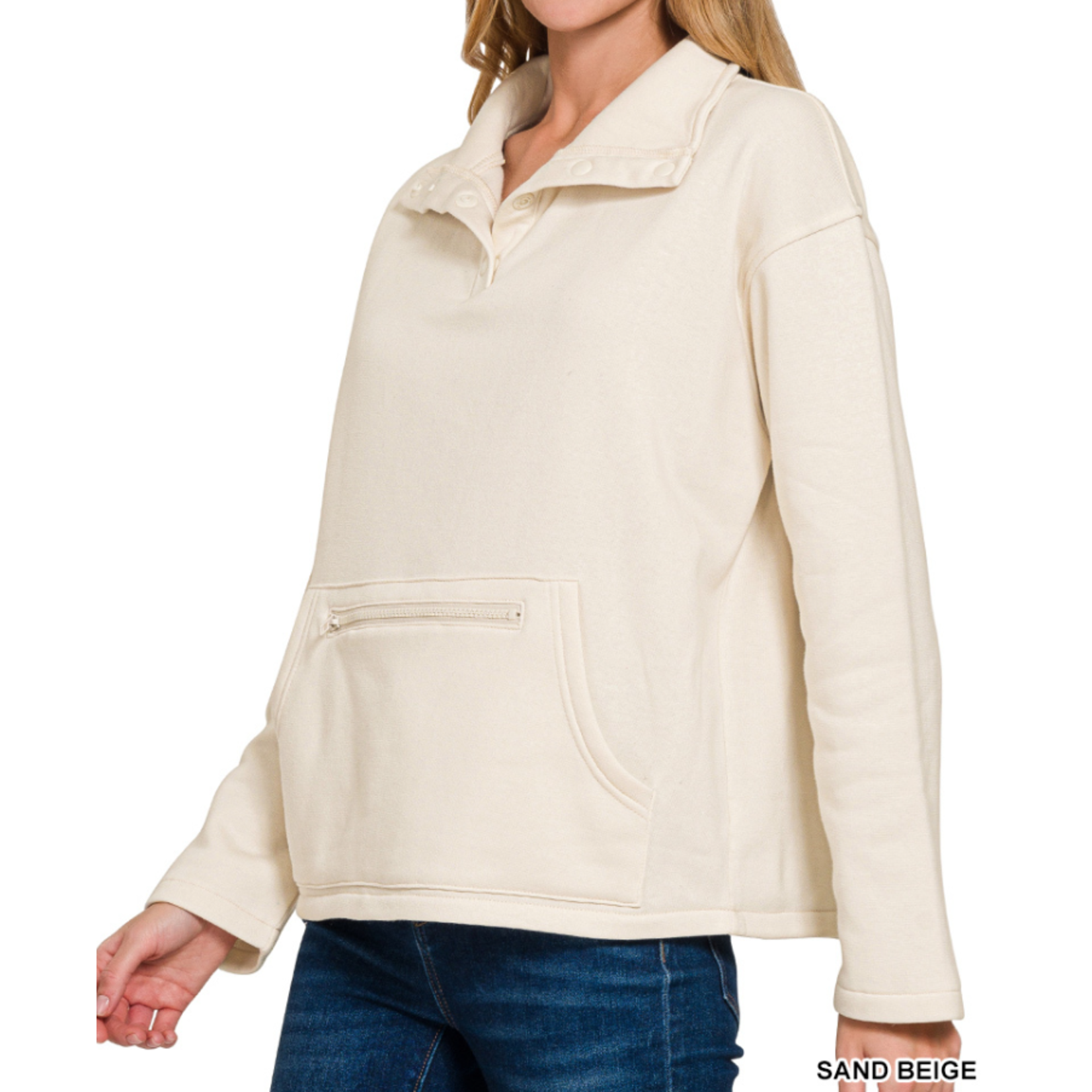 Zenana Zenana Fleece Half Snap Button Front Sweatshirt Sand Beige
