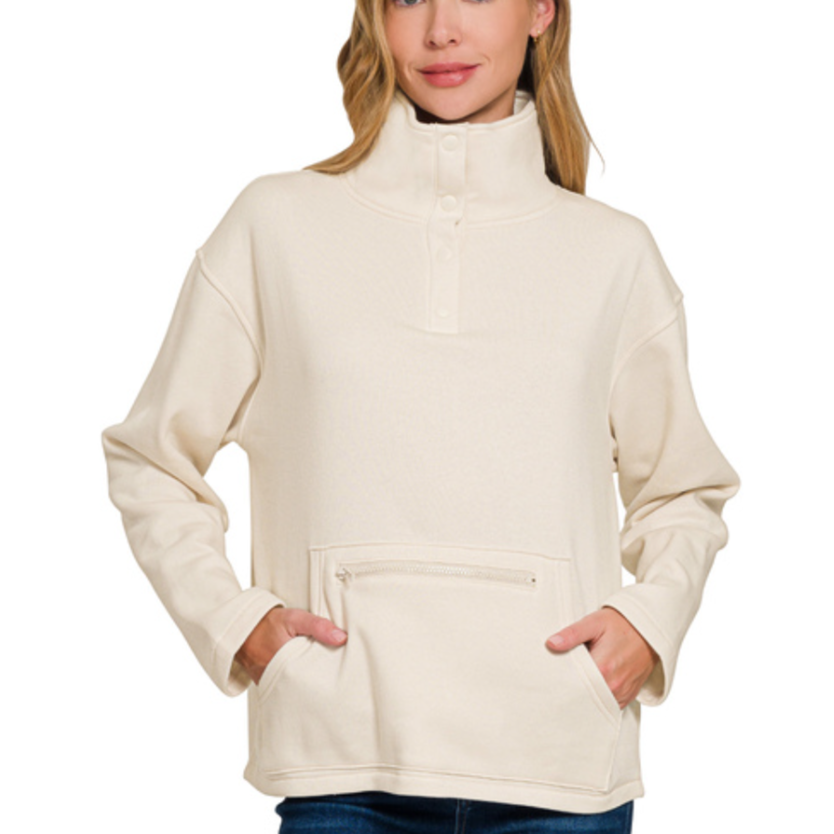 Zenana Zenana Fleece Half Snap Button Front Sweatshirt Sand Beige