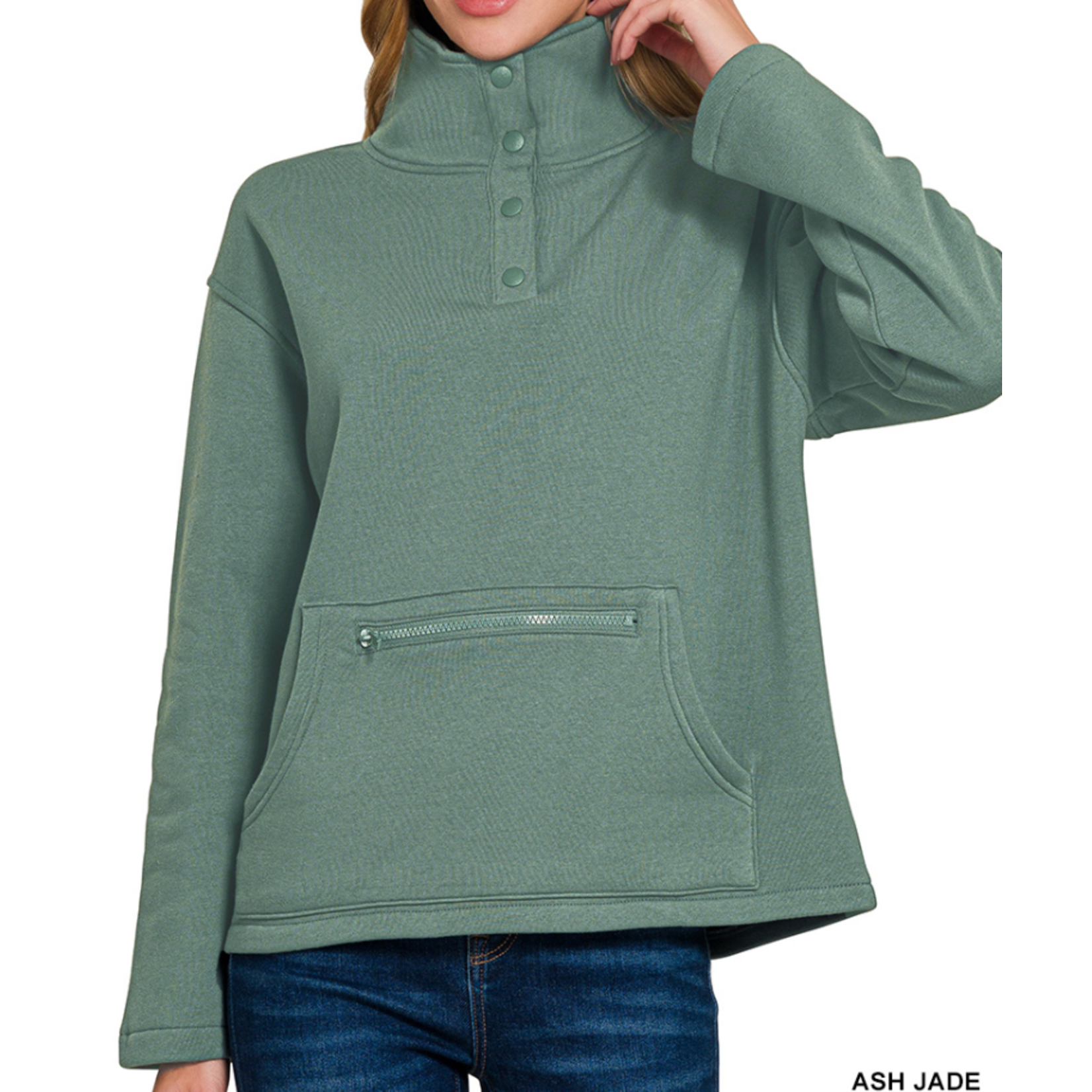Zenana Zenana Fleece Half Snap Button Front Sweatshirt Ash Jade