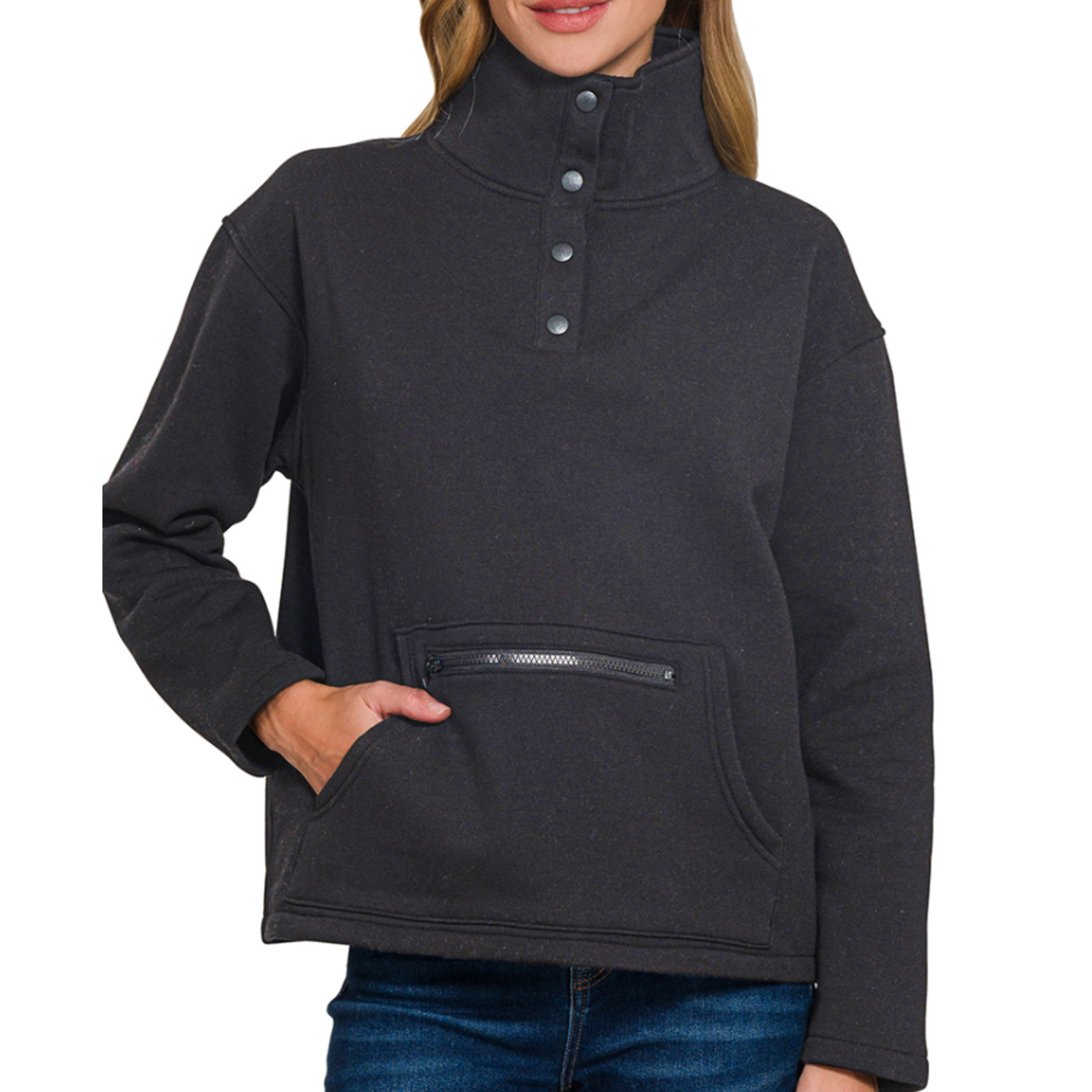 Zenana Zenana Fleece Half Snap Button Front Sweatshirt Black