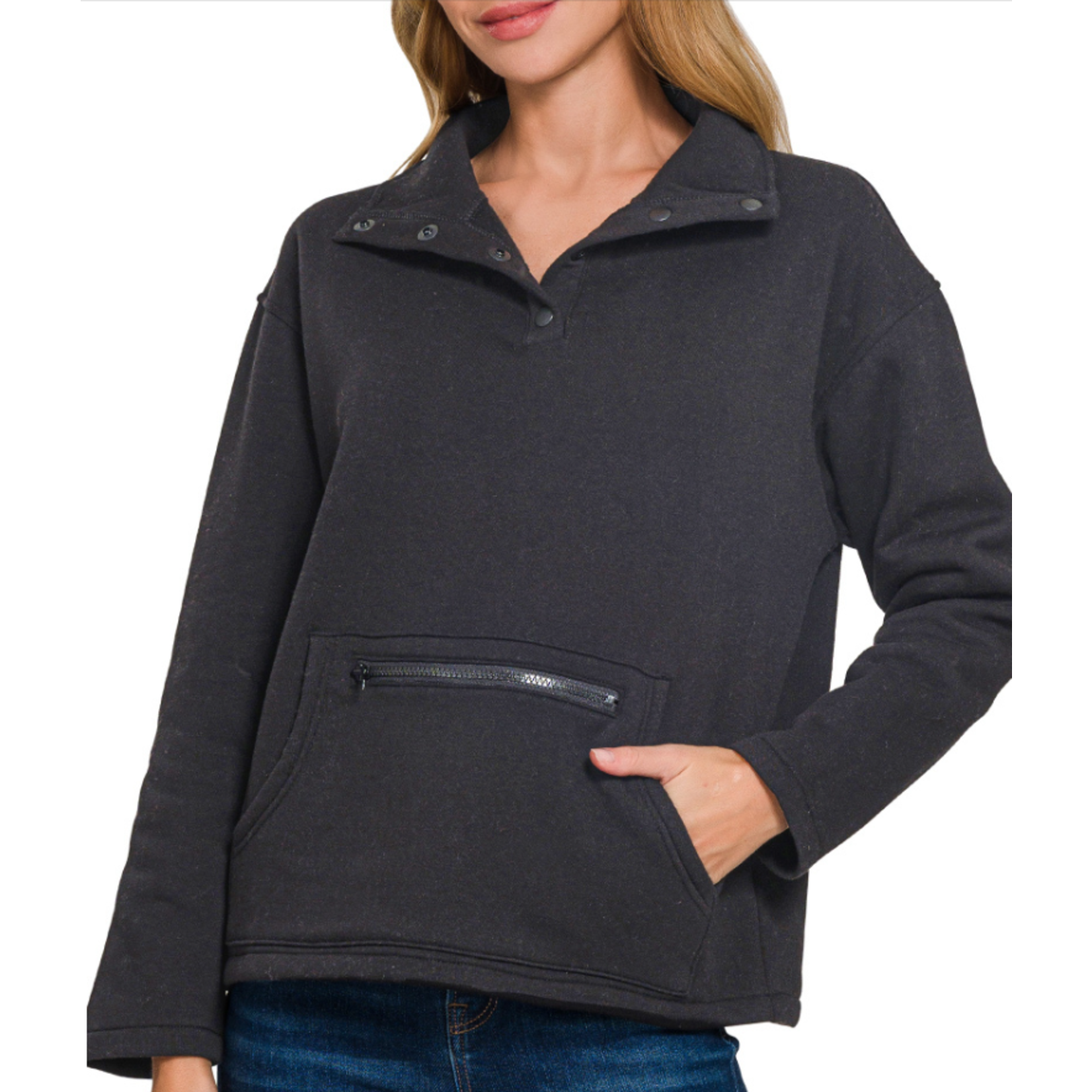 Zenana Zenana Fleece Half Snap Button Front Sweatshirt Black