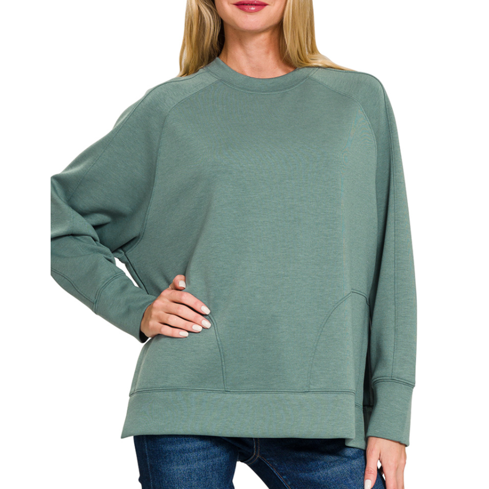Zenana Zenana Scuba Round Neck Pullover Side Slits Ash Jade