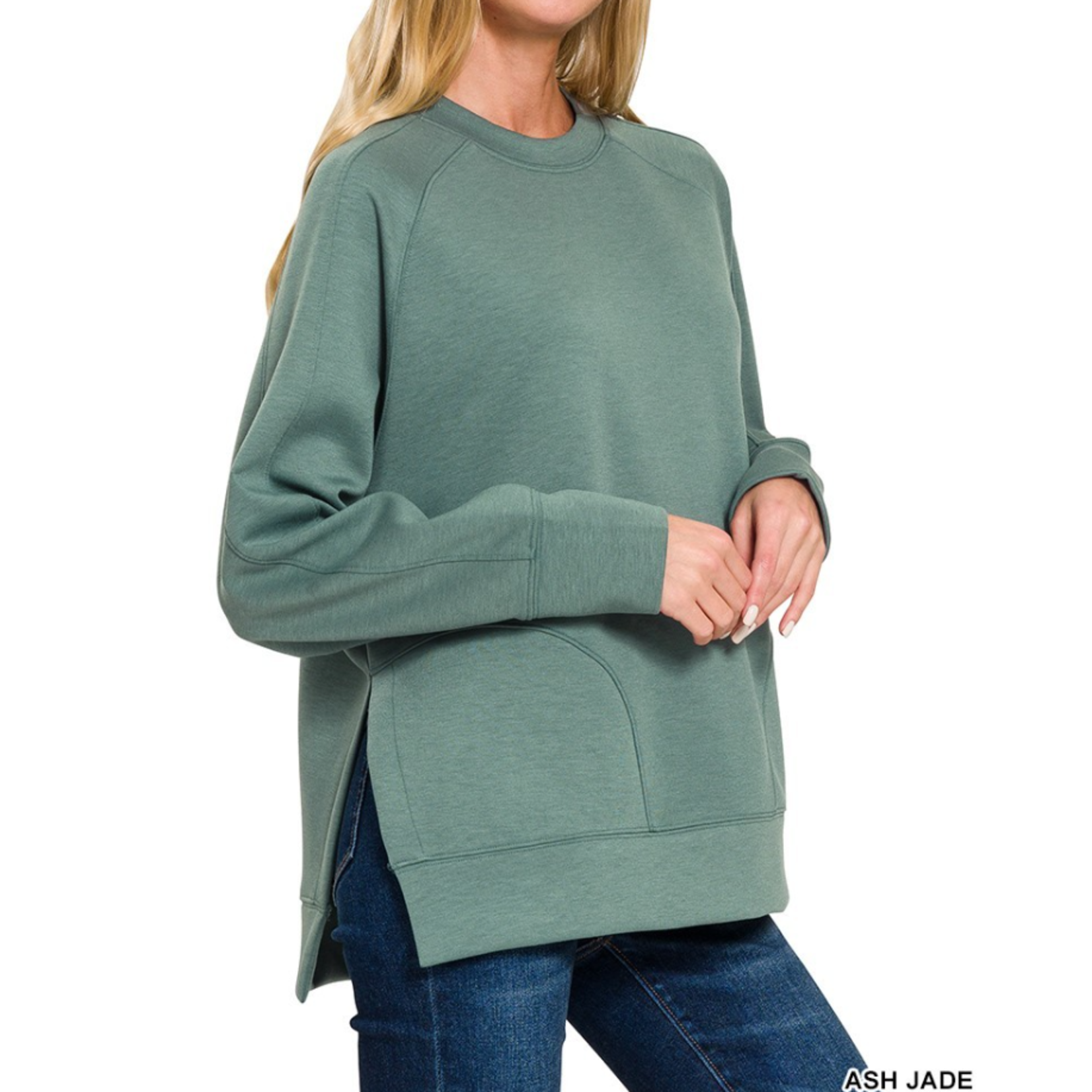 Zenana Zenana Scuba Round Neck Pullover Side Slits Ash Jade