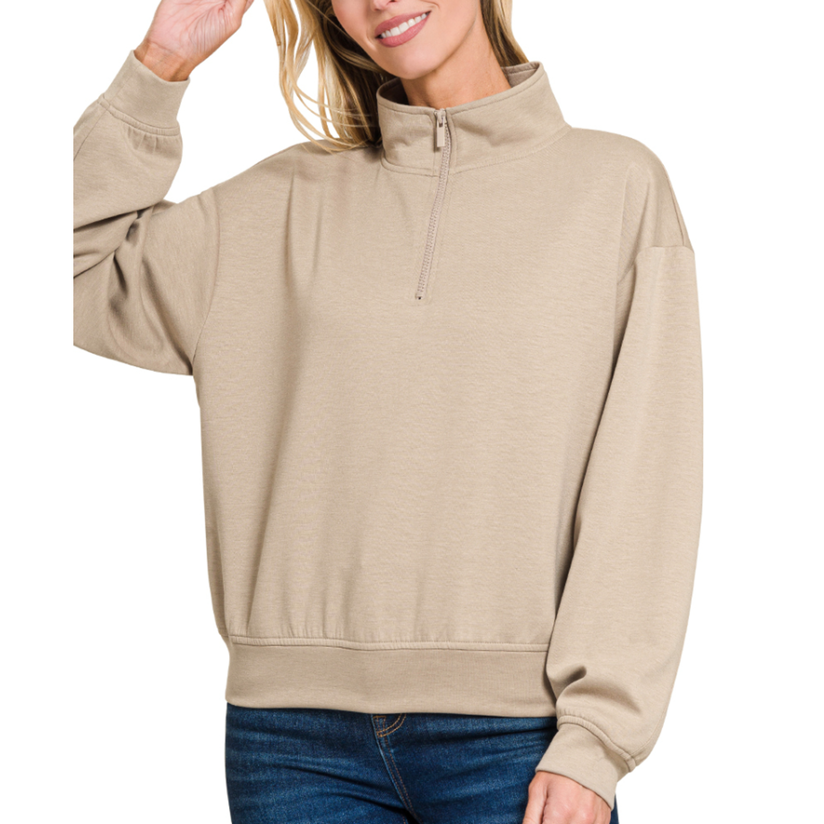 Zenana Zenana Scuba Half Zip Pullover Sweatshirt Ash Mocha