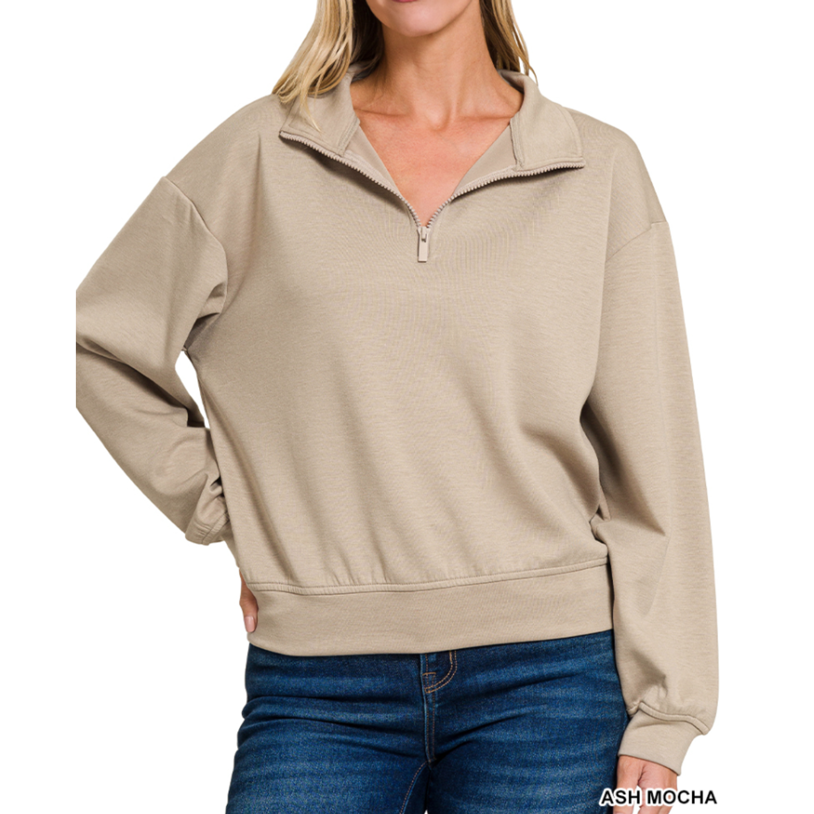 Zenana Zenana Scuba Half Zip Pullover Sweatshirt Ash Mocha