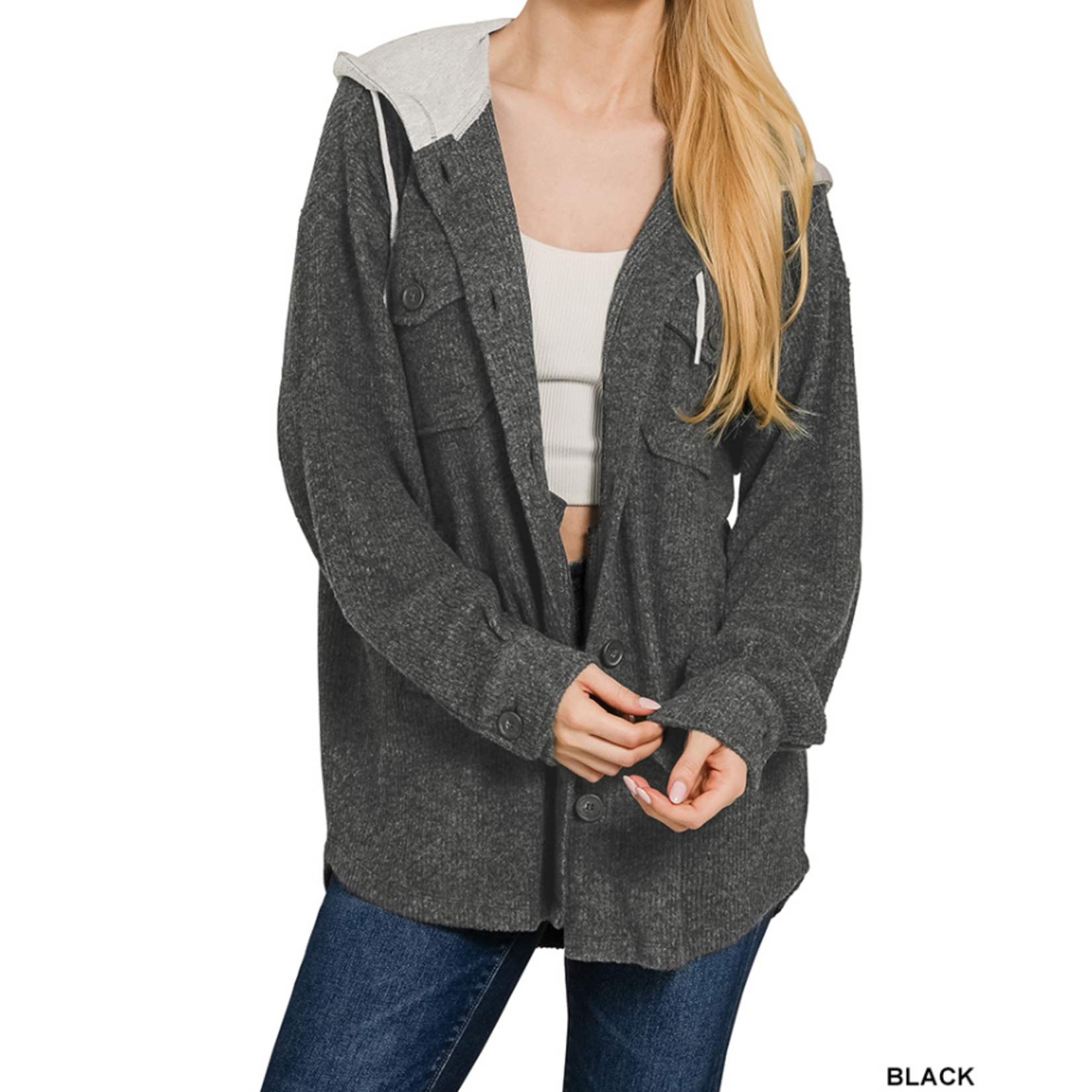 Zenana Zenana Brushed Ribbed Button Down Shacket Black