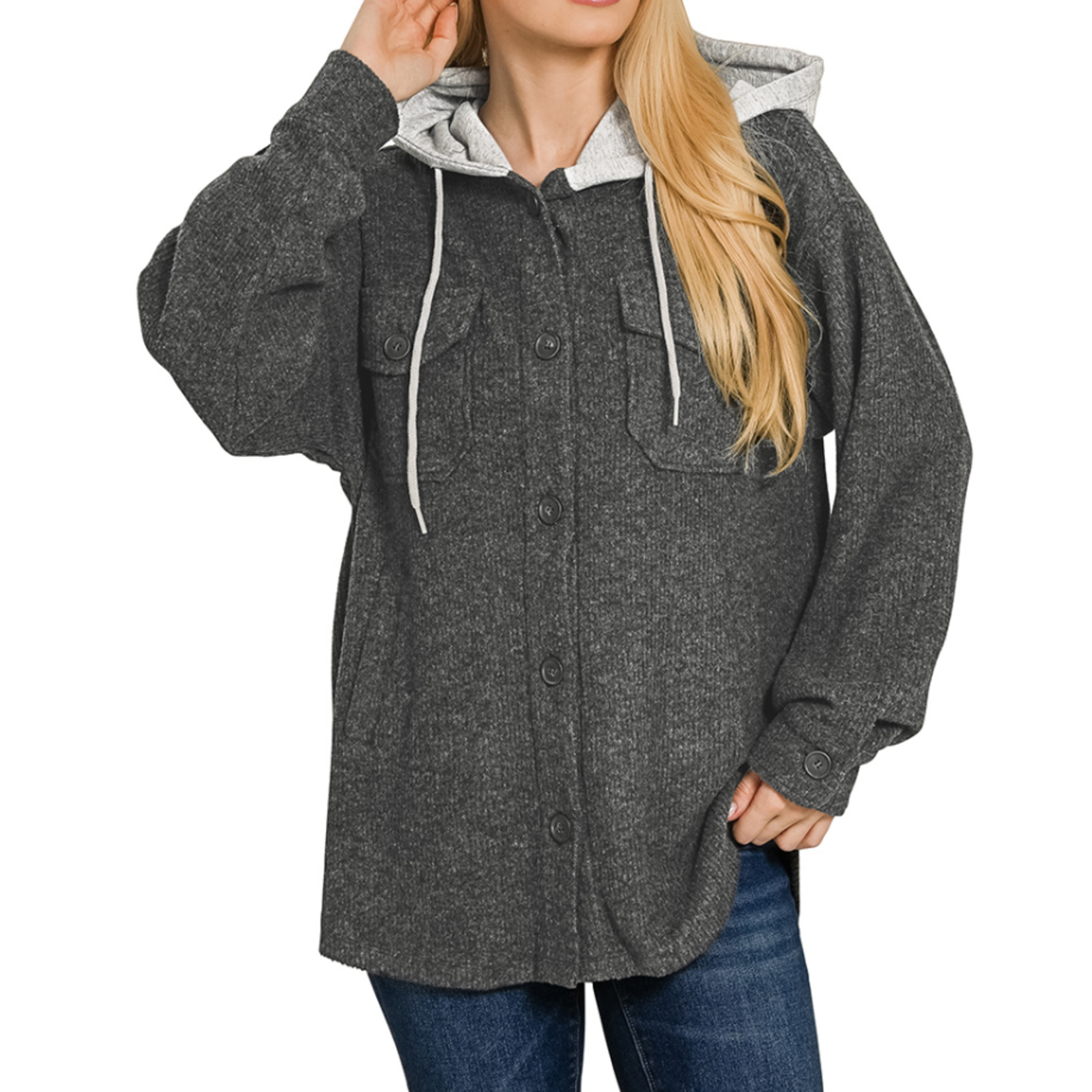 Zenana Zenana Brushed Ribbed Button Down Shacket Black