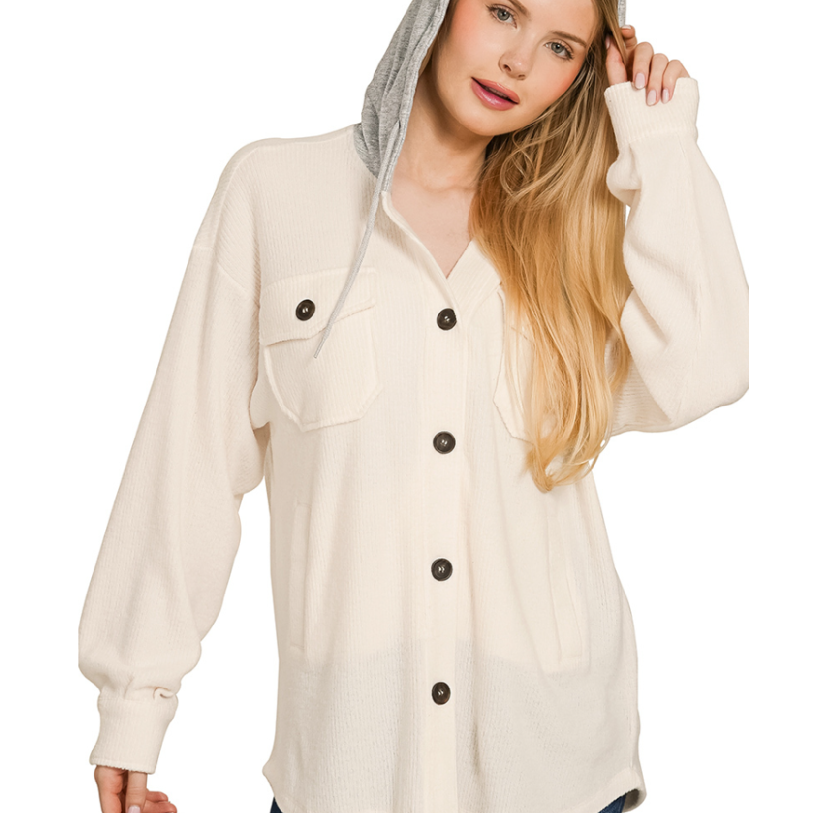 Zenana Zenana Brushed Ribbed Button Down Shacket Cream