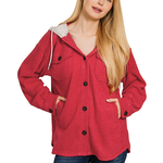 Zenana Zeanana Brushed Ribbed Button Down Shacket Dark Red