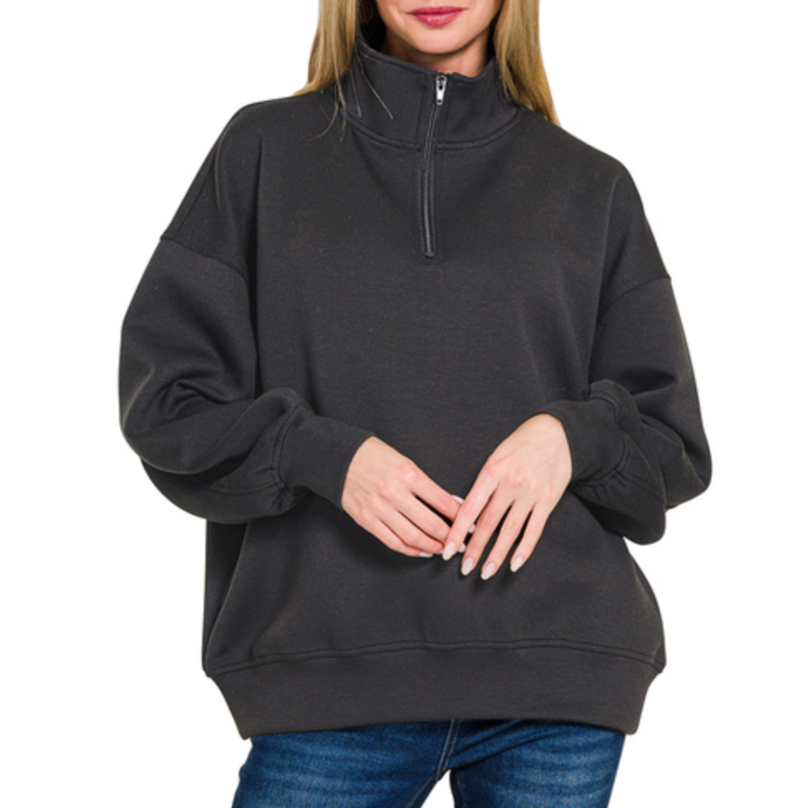 Zenana Zenana Scuba Half Zip Pullover with Pockets Black