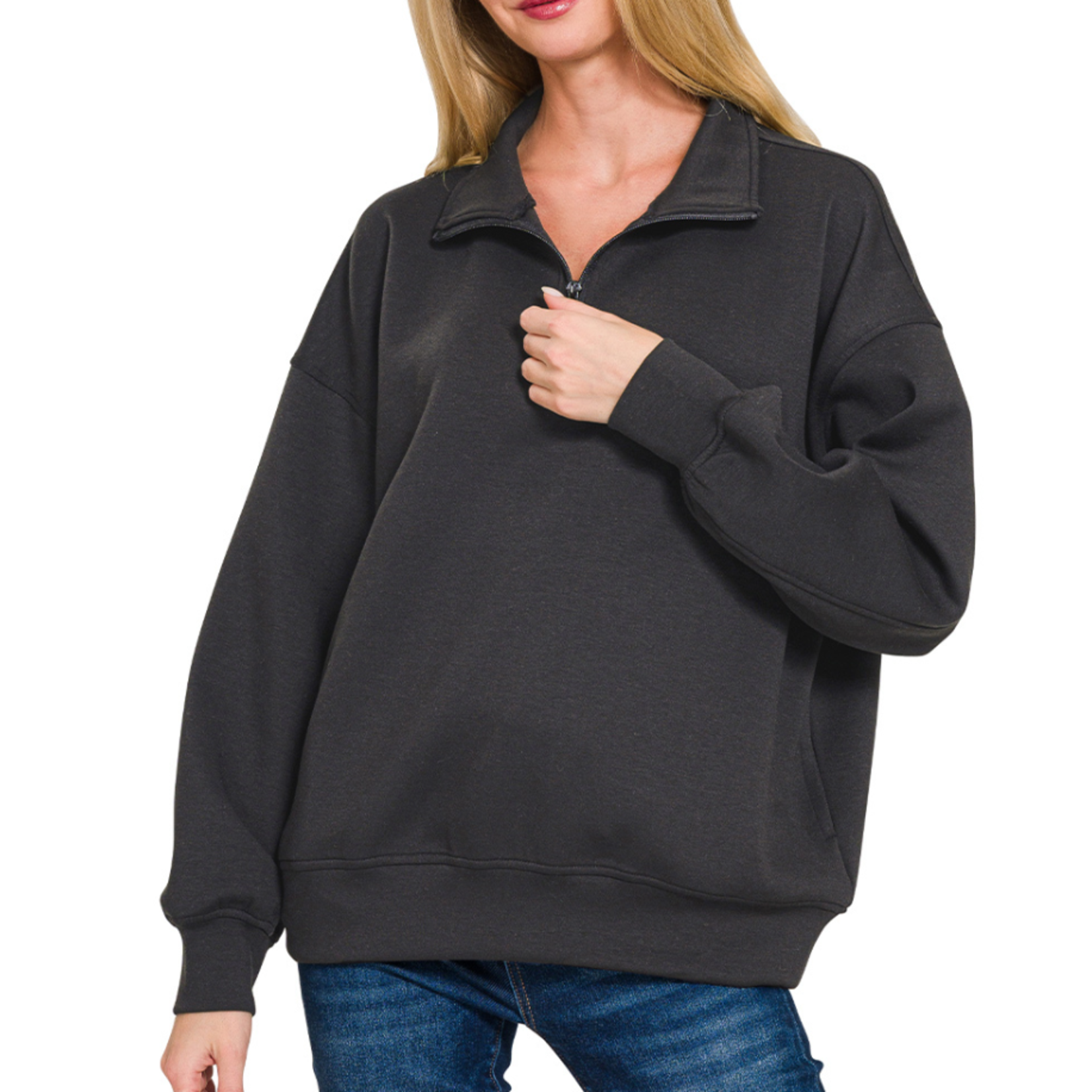 Zenana Zenana Scuba Half Zip Pullover with Pockets Black