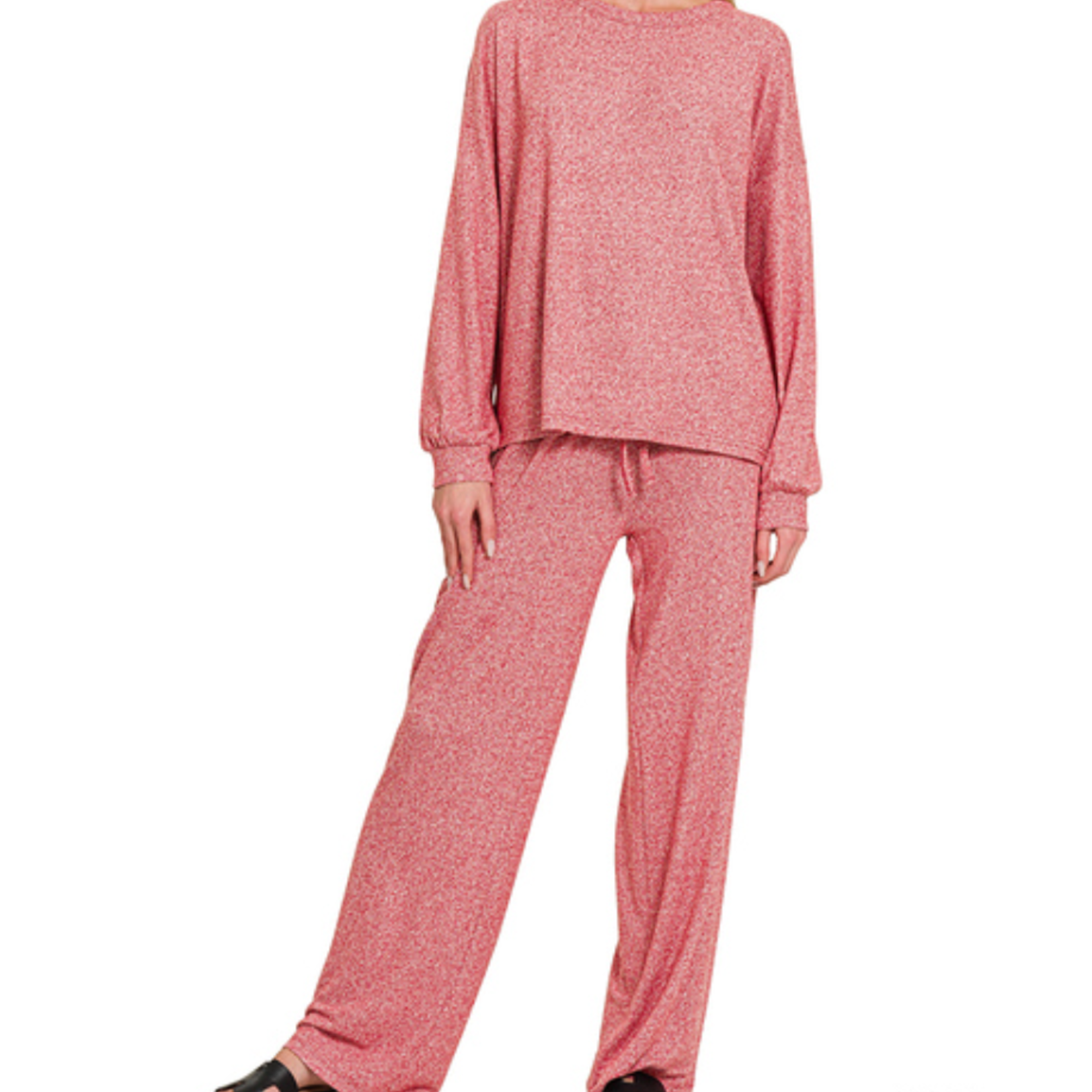 Zenana Zenana Soft Melange Hacci Long Sleeve Tee & Pants Set Dark Red
