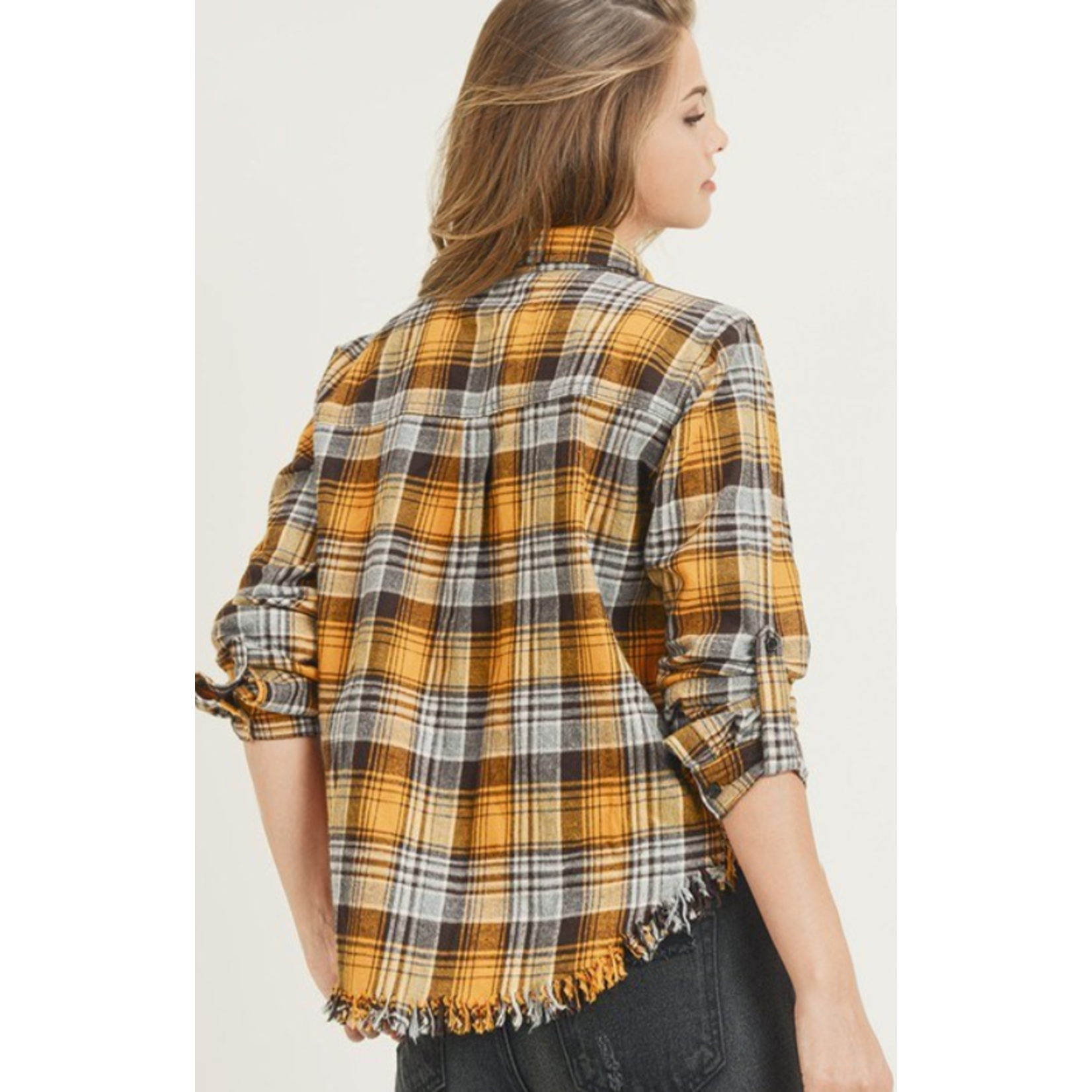 Risen Risen Plaid Frayed Hem Hi & Lo Shirt Yellow