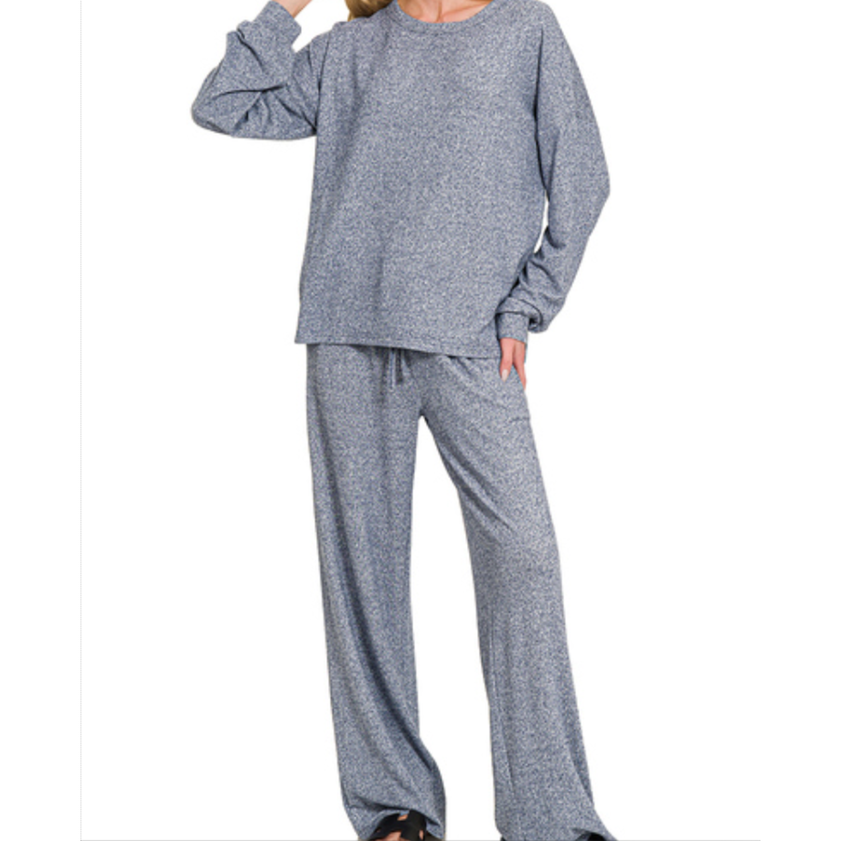 Zenana Zenana Soft Melange Hacci Long Sleeve Tee & Pants Set Navy