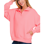 Zenana Zenana Scuba Half Zip Pullover with Pockets Bright Pink
