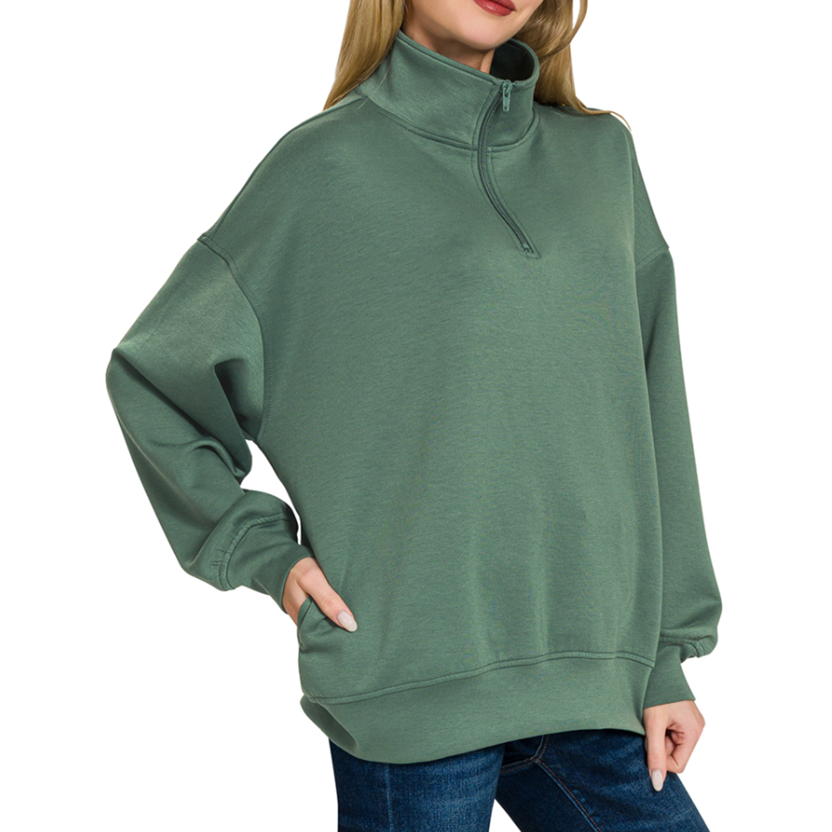 Zenana Zenana Scuba Half Zip Pullover with Pockets Dark Forest