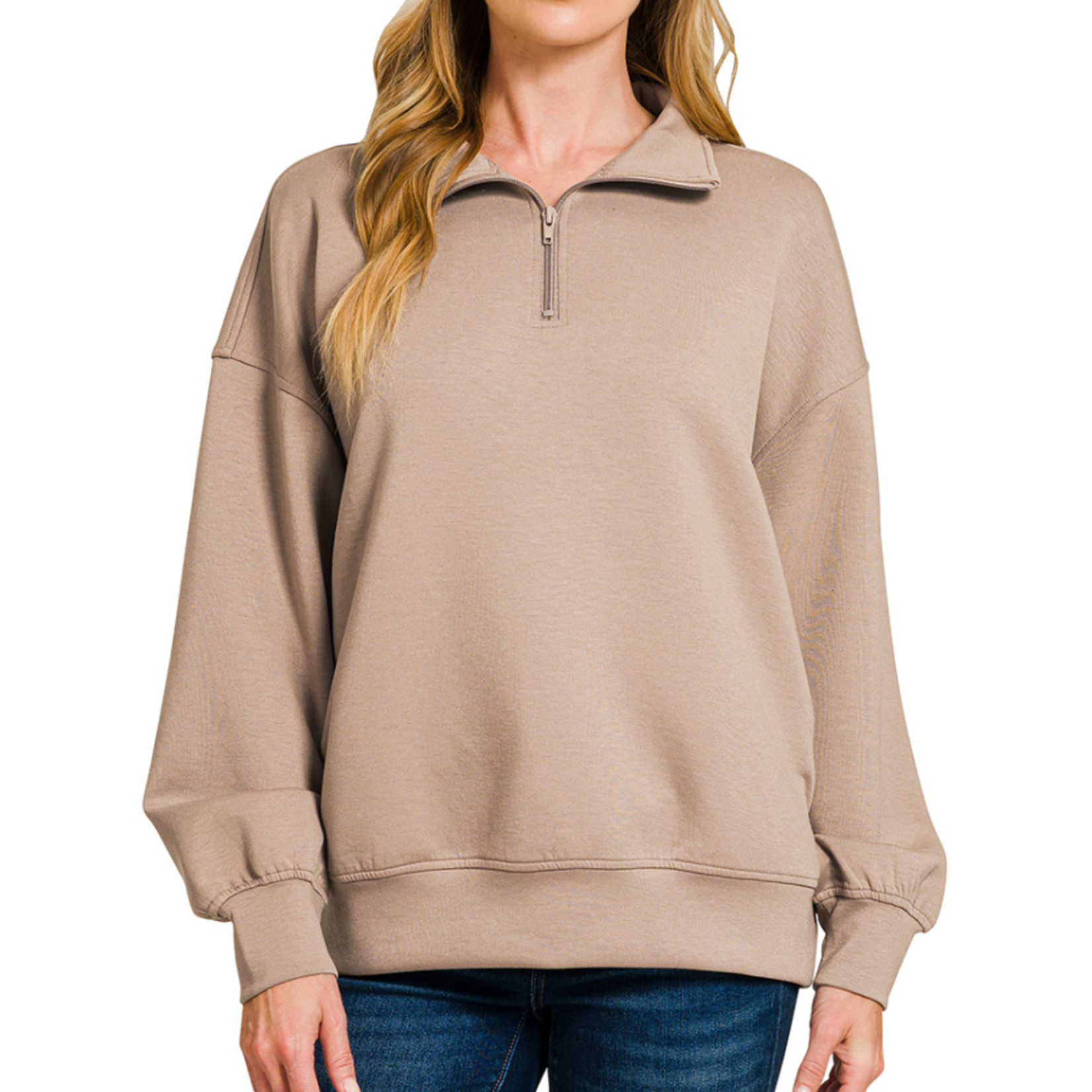 Zenana Zenana Scuba Half Zip Pullover with Pockets Cocoa