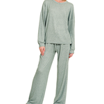 Zenana Zenana Soft Melange Hacci Long Sleeve Tee & Pants Ash Jade