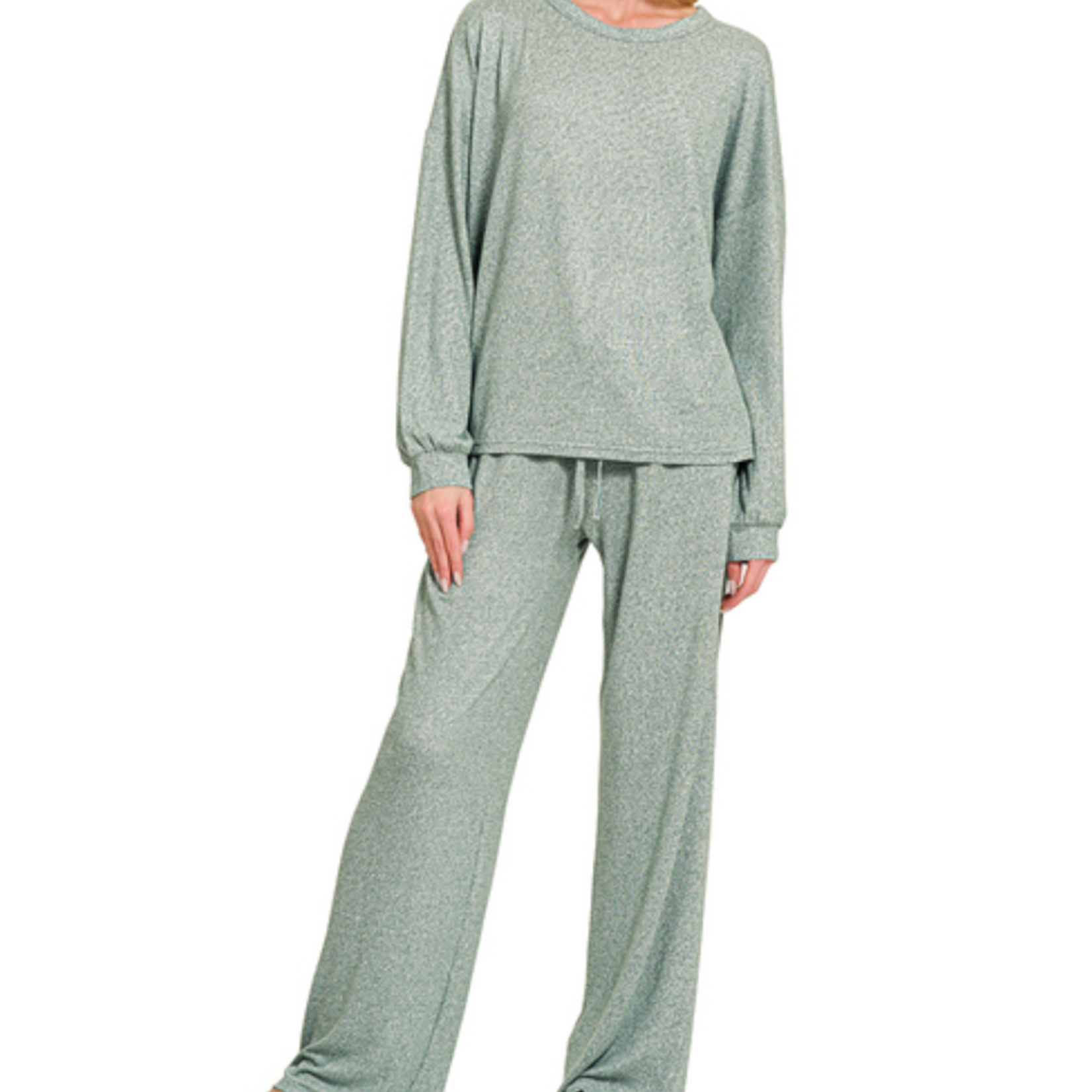 Zenana Zenana Soft Melange Hacci Long Sleeve Tee & Pants Ash Jade