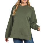 Zenana Zenana Scuba Round Neck Pullover Side Slits Dark Olive