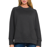 Zenana Zenana Scuba Round Neck Pullover Side Slits Black