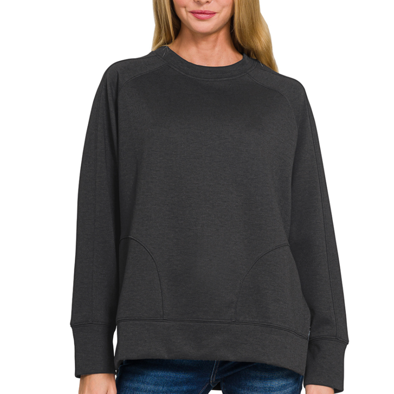 Zenana Zenana Scuba Round Neck Pullover Side Slits Black