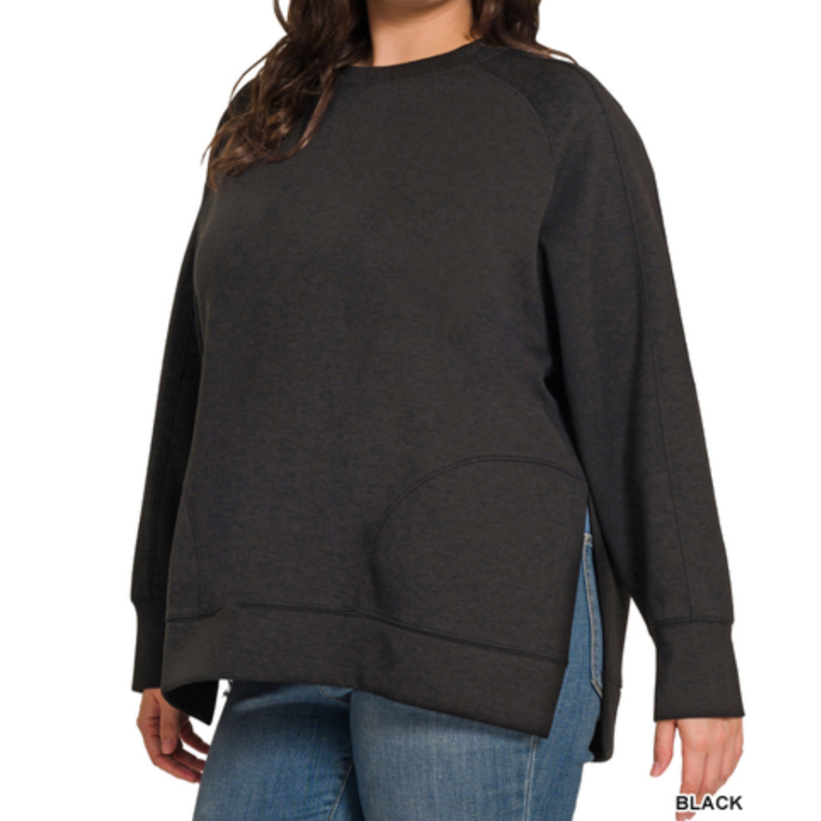 Zenana Zenana Scuba Round Neck Pullover Side Slits Black