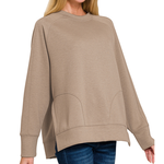 Zenana Zenana Scuba Round Neck Pullover Side Slits Cocoa