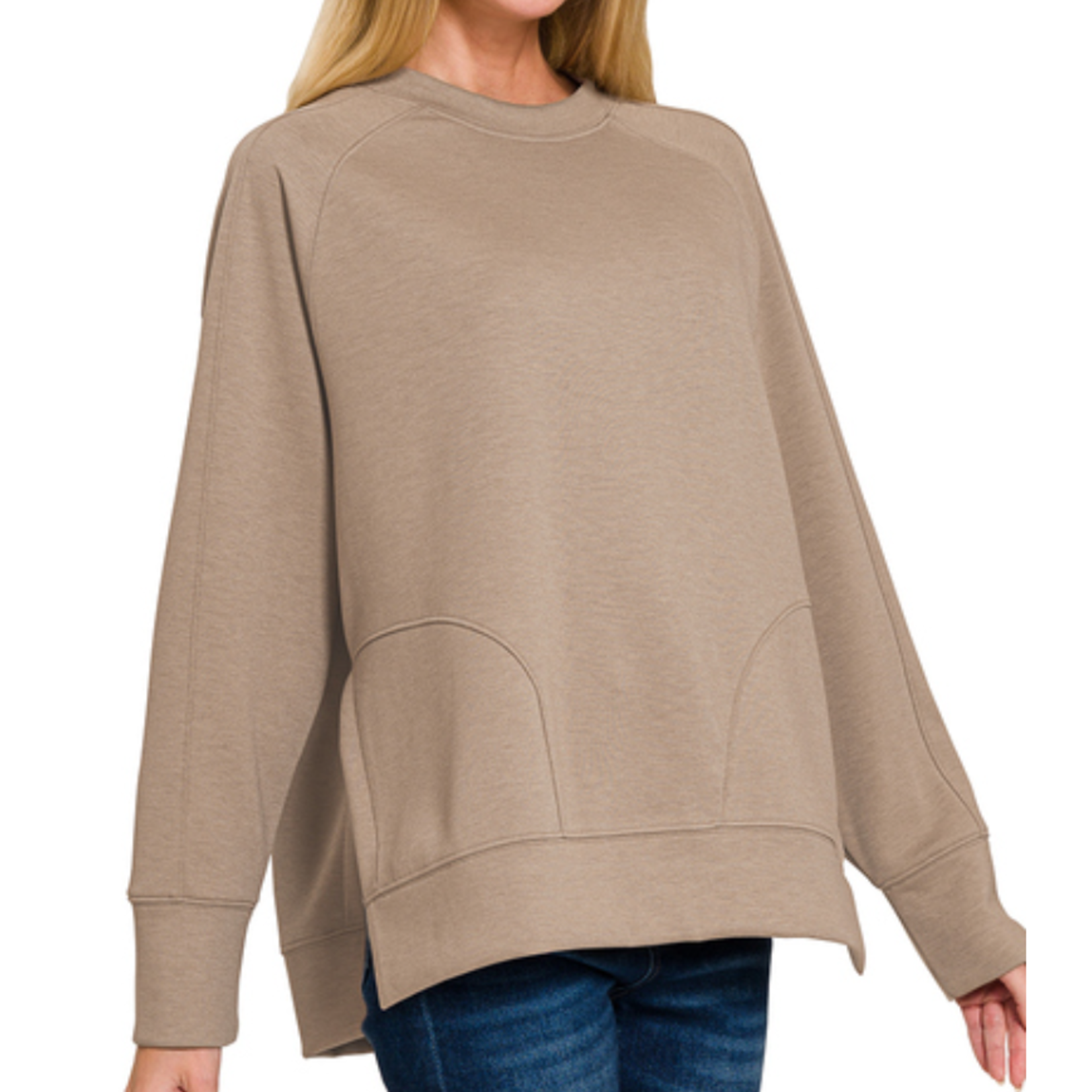 Zenana Zenana Scuba Round Neck Pullover Side Slits Cocoa