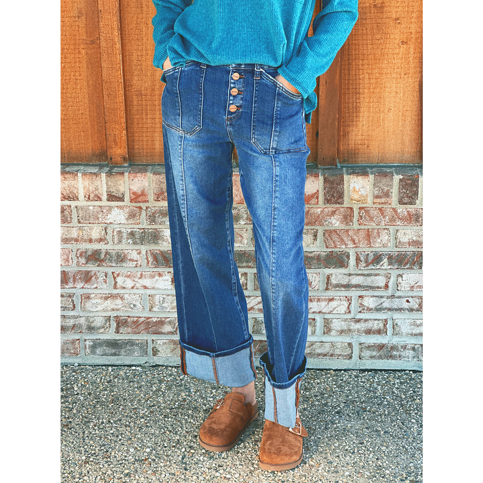 Risen Risen 21369 HR Crop Wide Straight Cuffed Jeans