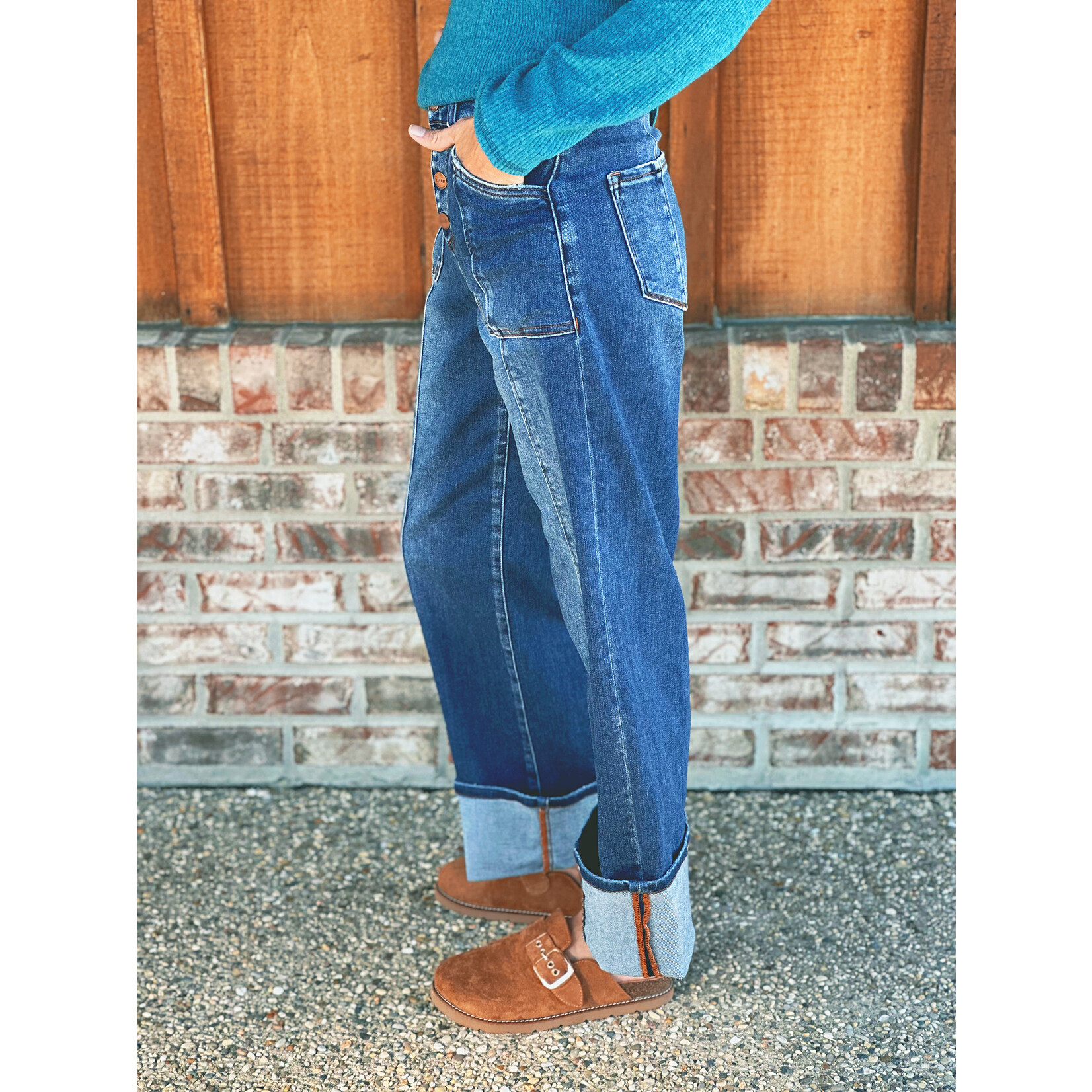 Risen Risen 21369 HR Crop Wide Straight Cuffed Jeans