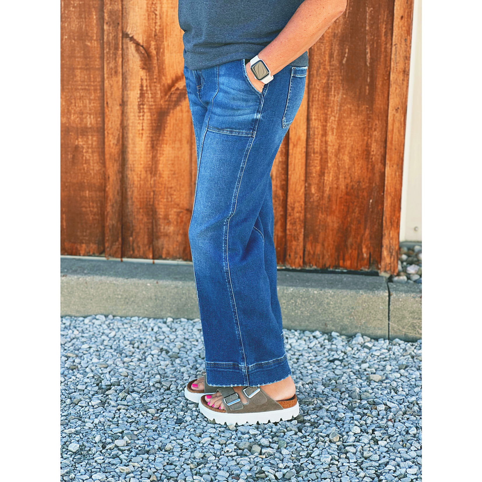 Risen Risen 21072 HR Crop Straight Front Seam Detailed Jeans Dark Wash