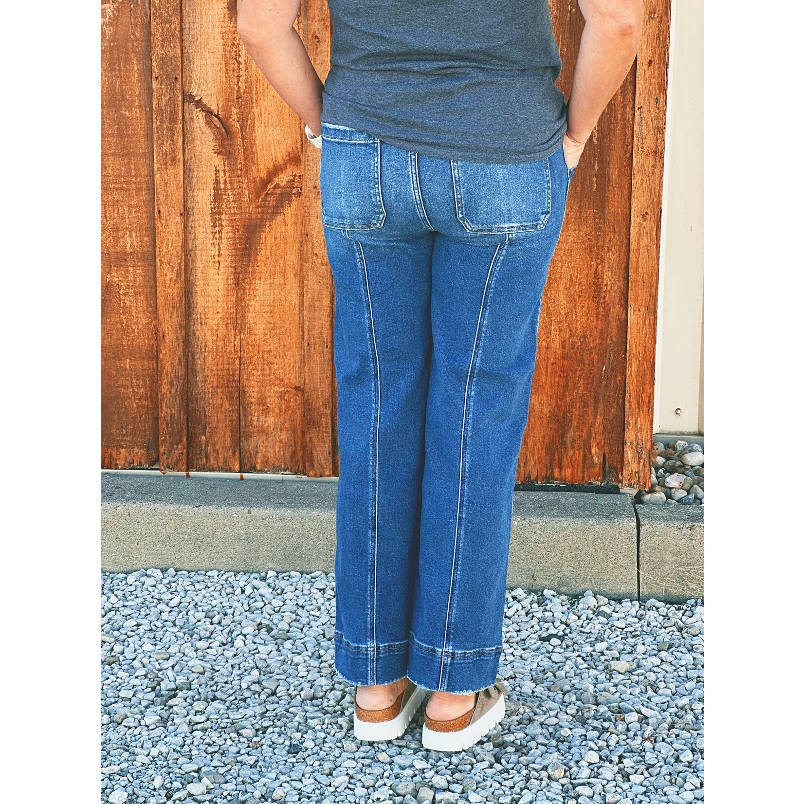Risen Risen 21072 HR Crop Straight Front Seam Detailed Jeans Dark Wash