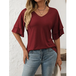 Lovesoft Lovesoft V-Neck Ruffle Sleeve Short Sleeve Top Burgundy