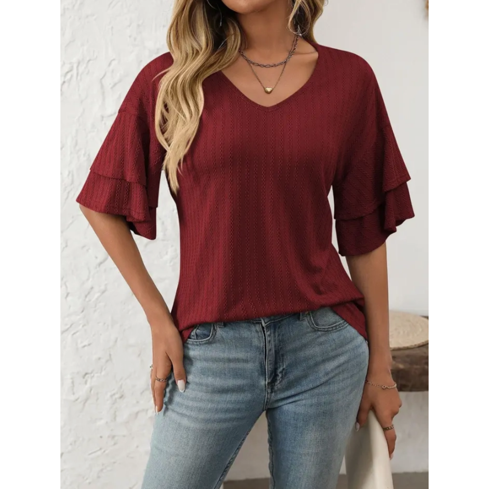 Lovesoft Lovesoft V-Neck Ruffle Sleeve Short Sleeve Top Burgundy