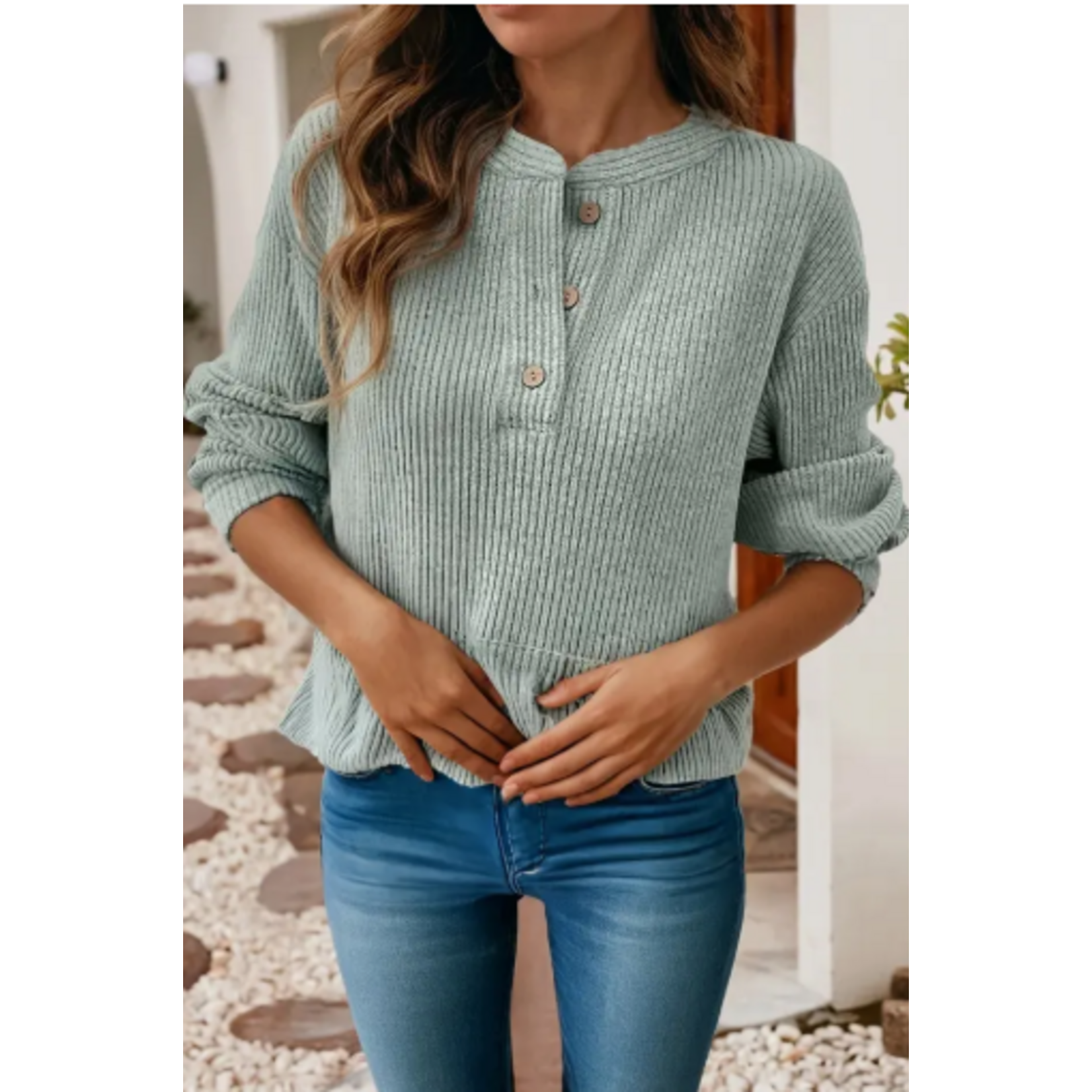 Lovesoft Lovesoft Ribbed Texture Drop Shoulder Henley Clearly Aqua
