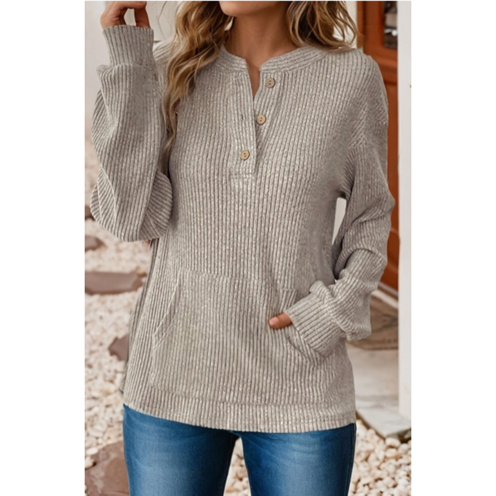 Little Daisy Closet Little Daisy Closet Ribbed Texture Drop Shoulder Henley Simply Taupe