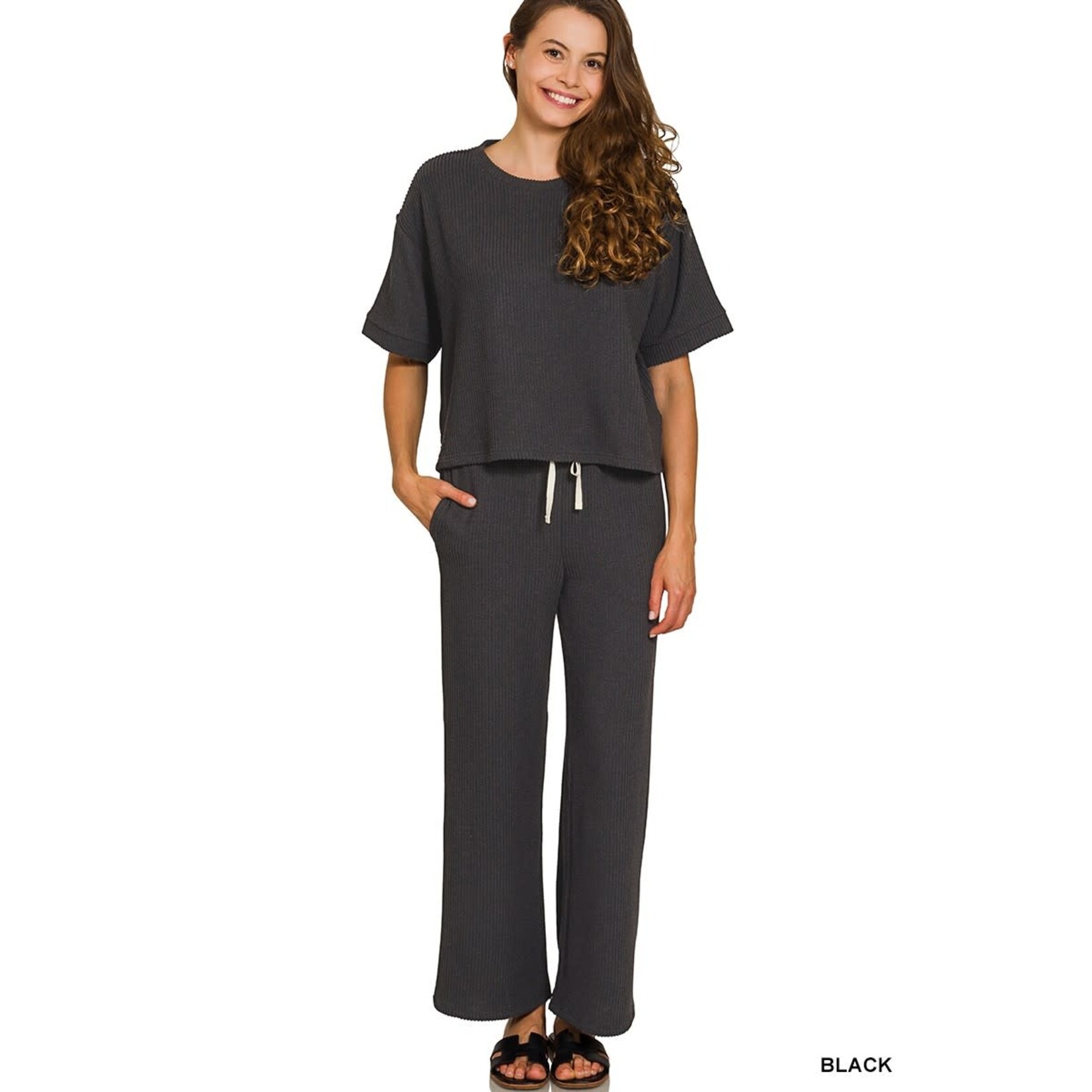 Zenana Zenana Ribbed Short Sleeve Tee & Pant Set Black
