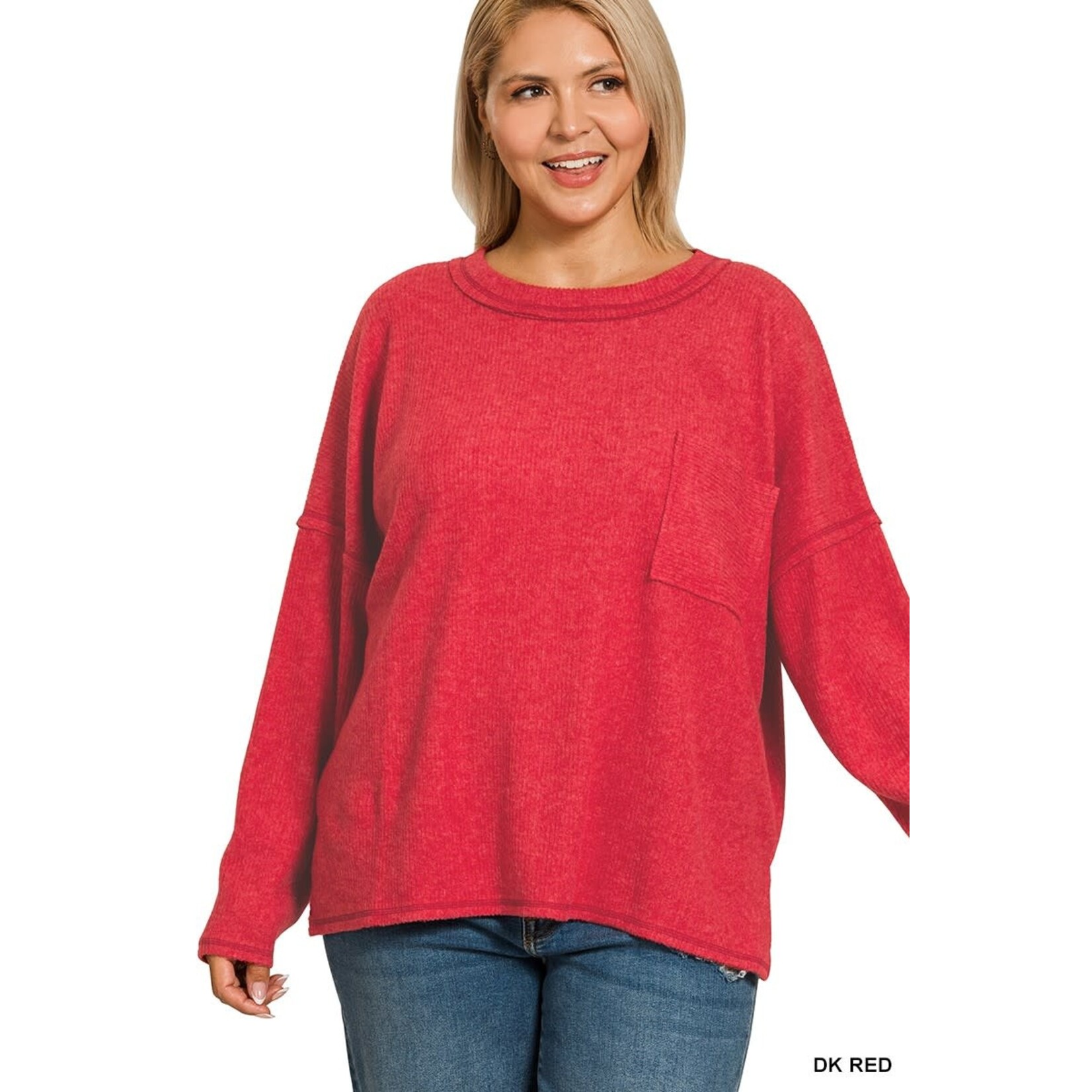 Zenana Zenana Ribbed Brushed Melange Hacci Sweater with Pocket DK Red