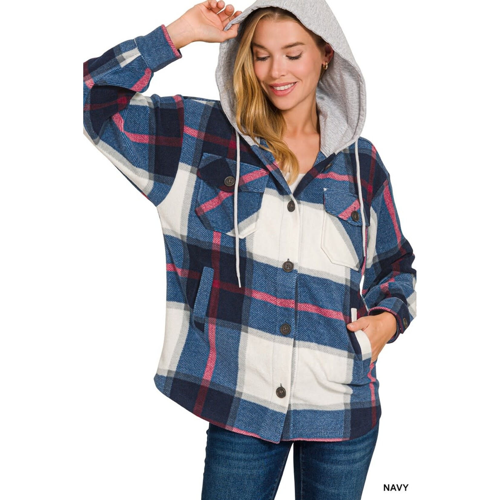 Zenana Zenana Plaid Hooded Shacket Navy