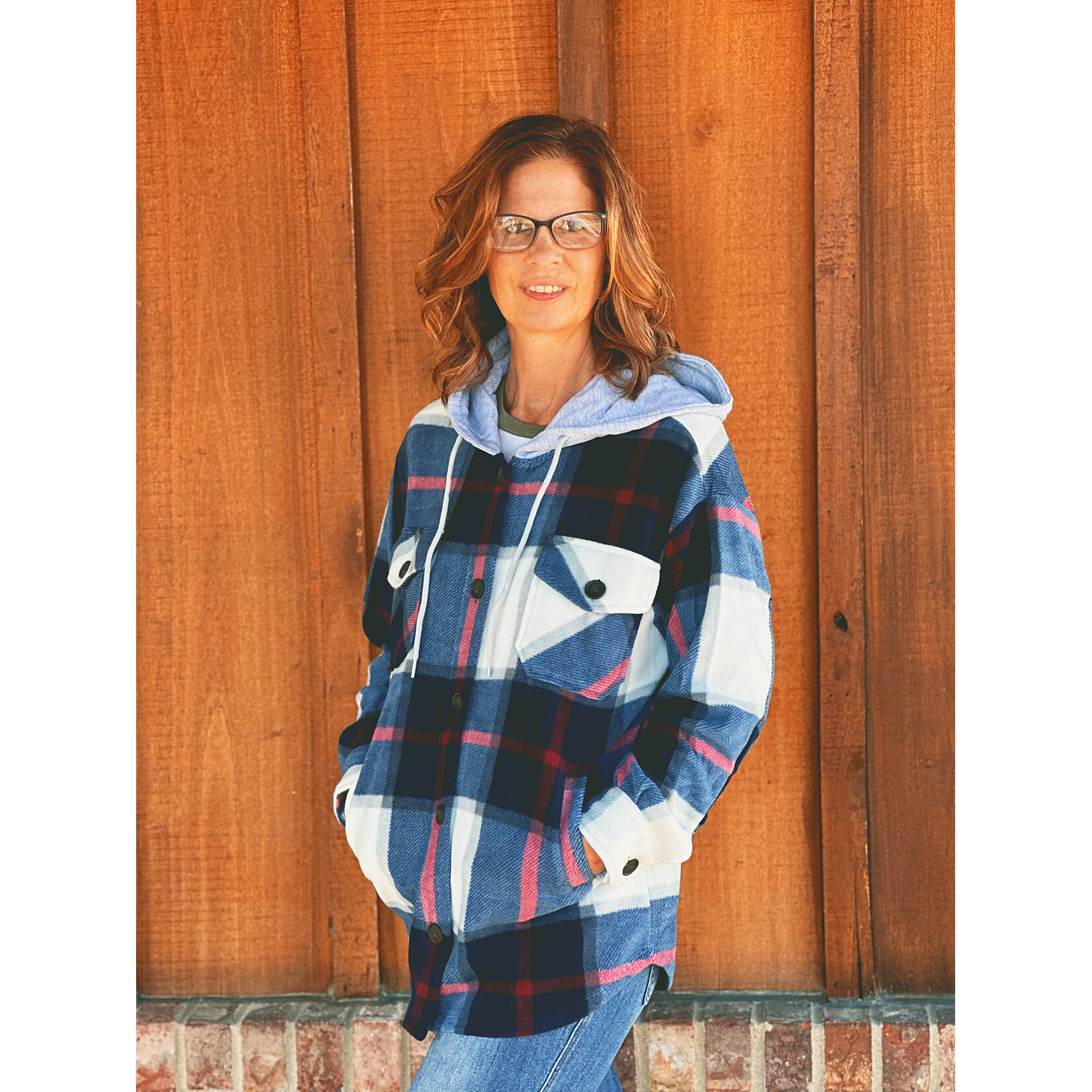 Zenana Zenana Plaid Hooded Shacket Navy
