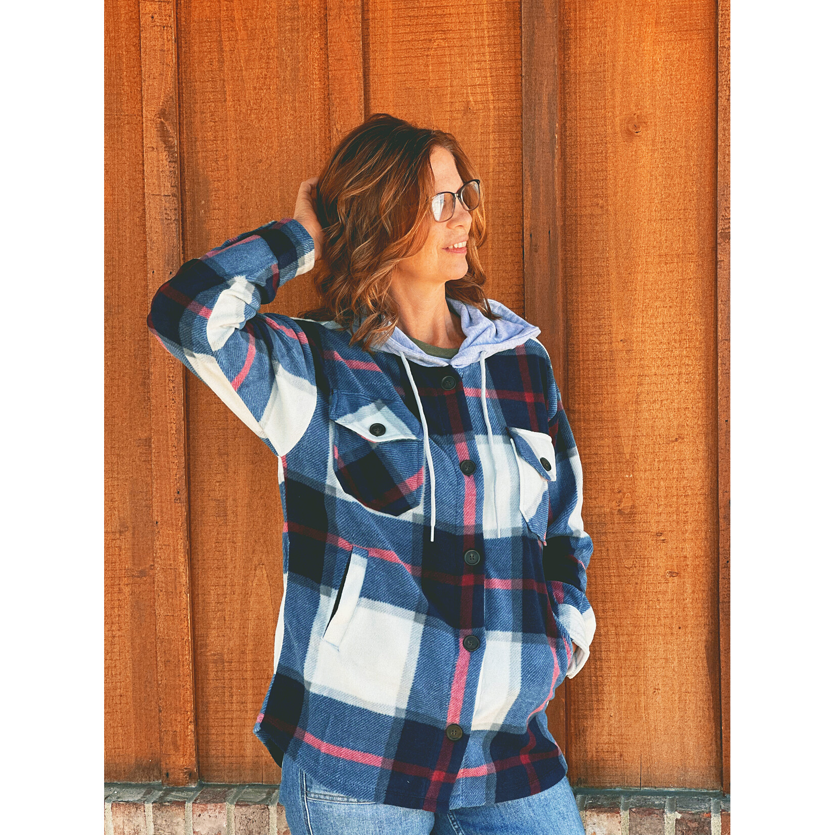 Zenana Zenana Plaid Hooded Shacket Navy