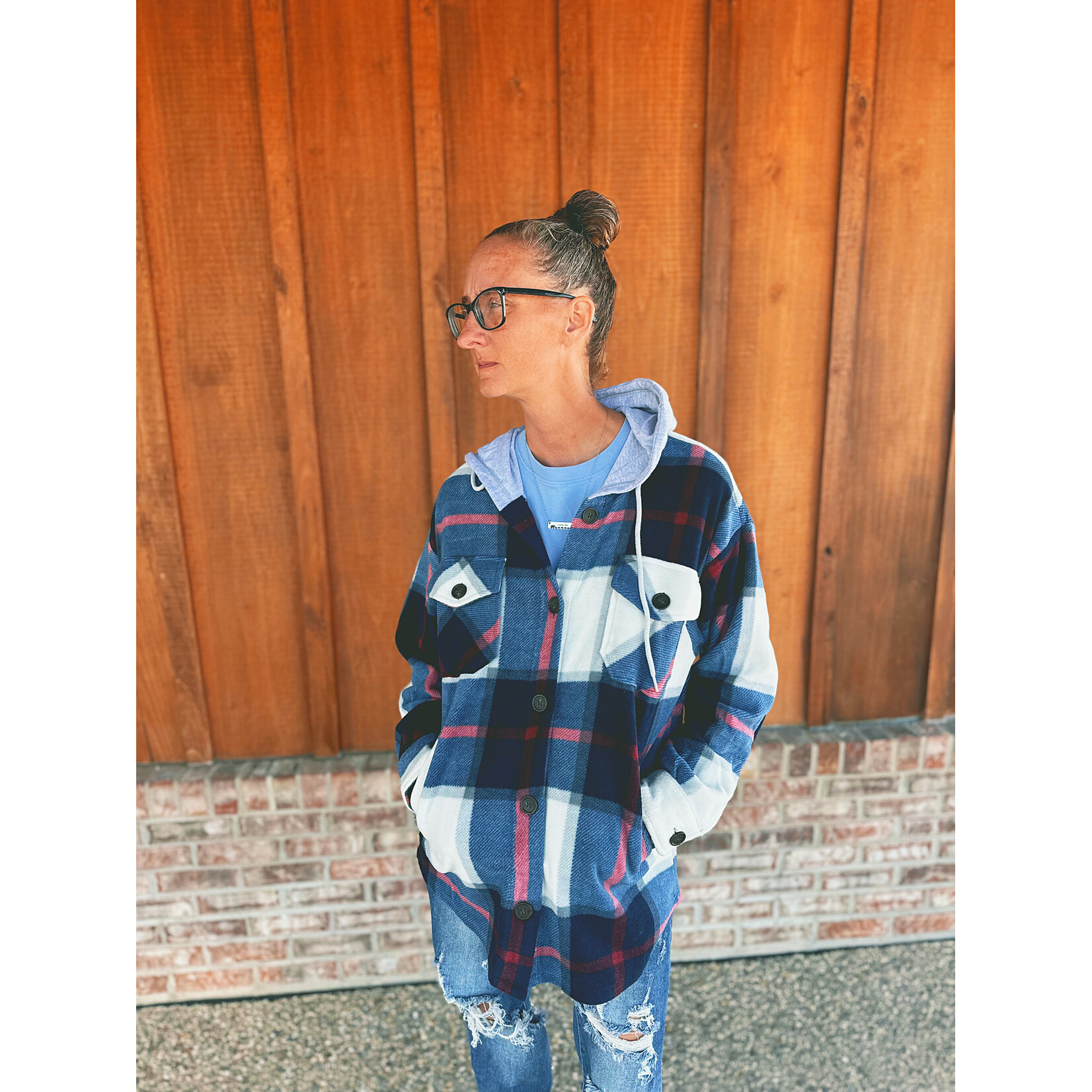 Zenana Zenana Plaid Hooded Shacket Navy