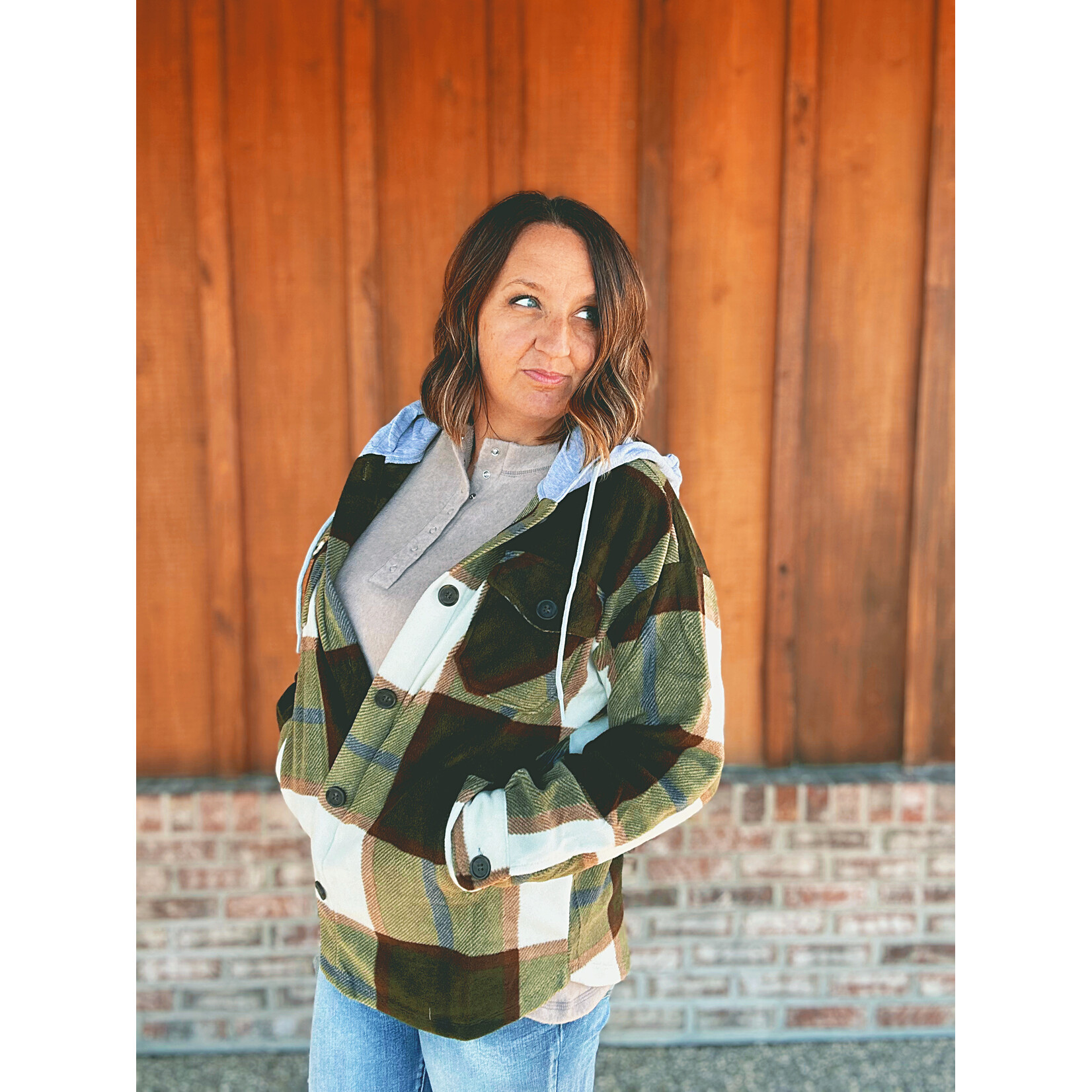 Zenana Zenana Plaid Hooded Shacket Olive