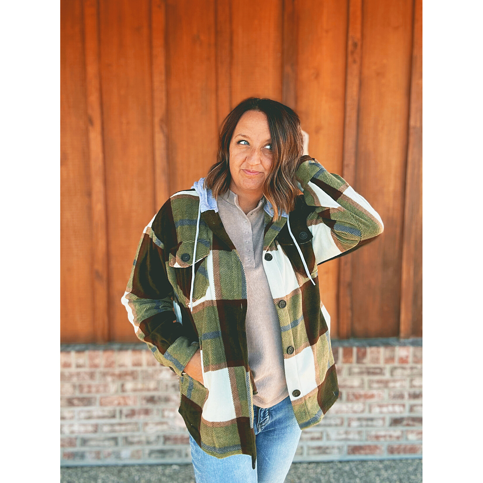 Zenana Zenana Plaid Hooded Shacket Olive
