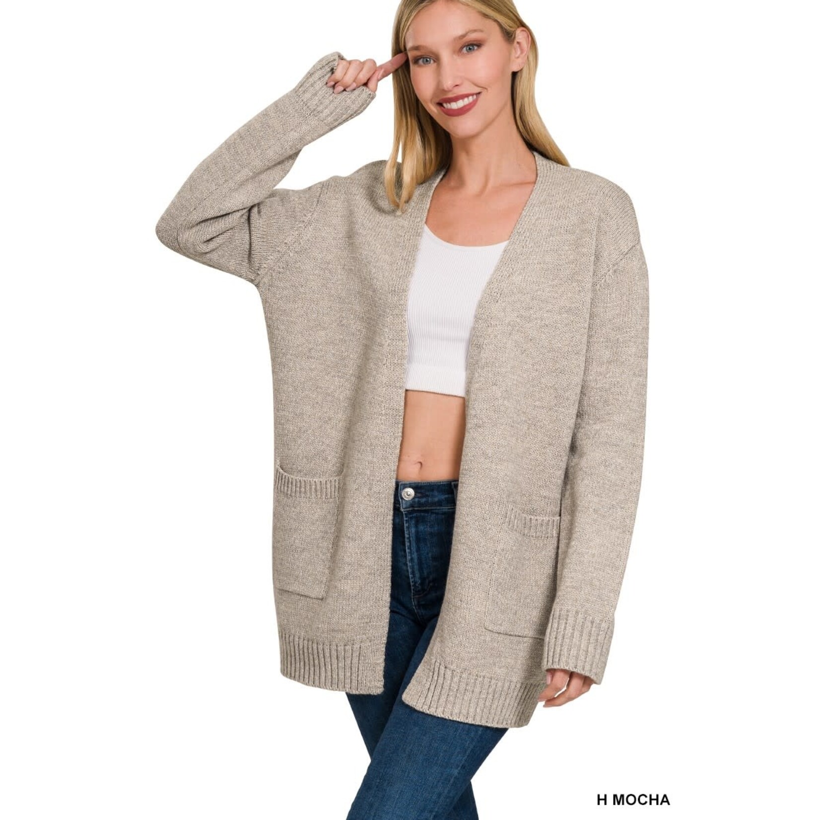 Zenana Zenana Open Front Sweater Cardigan Heather Mocha