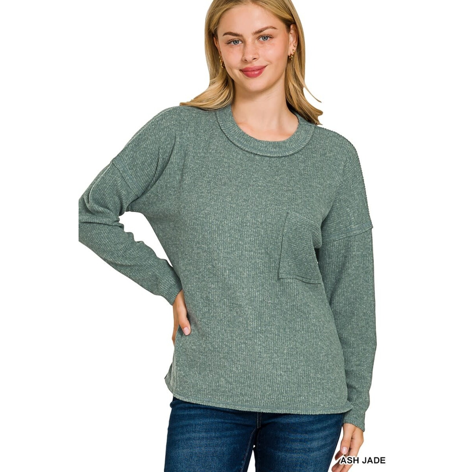 Zenana Zenana Ribbed Brushed Melange Hacci Sweater w Pocket Ash Jade