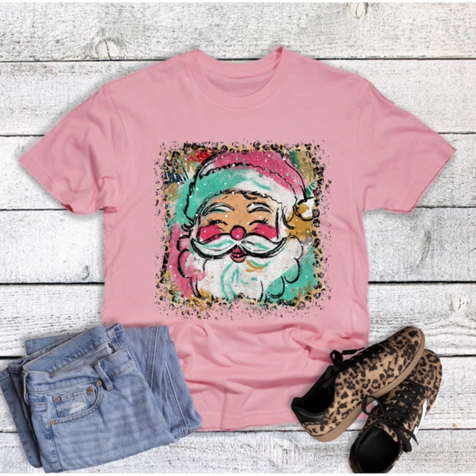The Way Down South The Way Down South Christmas Leopard Watercolor Santa Tee